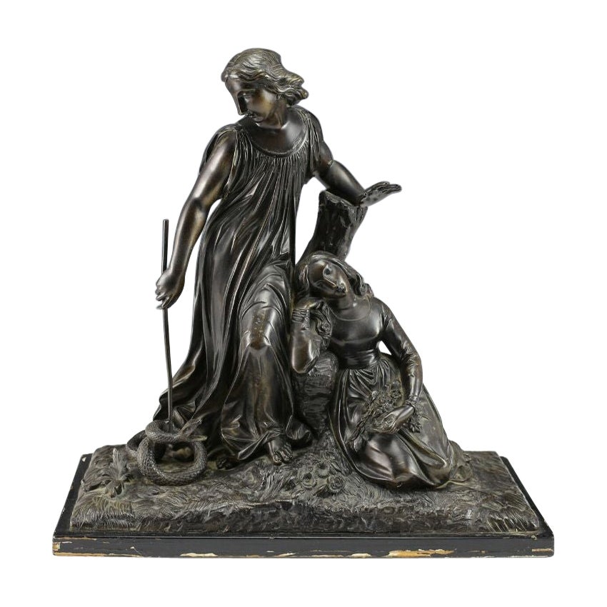 Patinated Bronze Figures, Mythological Scene W/ Man, Woman, Snake, 19th Century For Sale