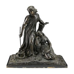Antique Patinated Bronze Figures, Mythological Scene W/ Man, Woman, Snake, 19th Century