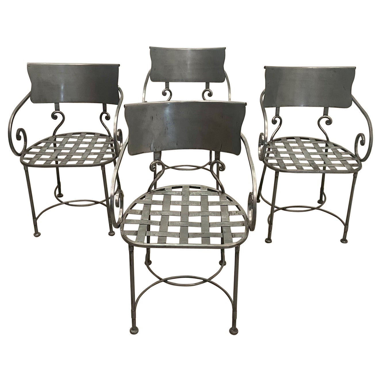 Chic Set of 4 Italian Hand Wrought Iron Silver Dining Armchairs