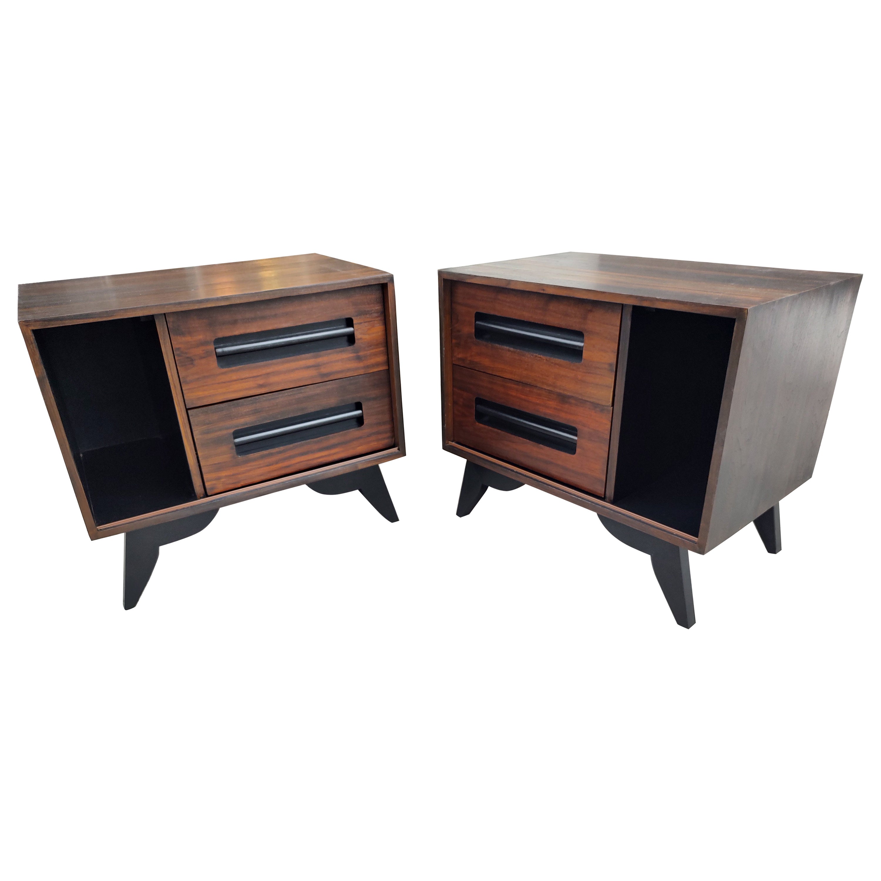 Pair of MidCentury Nightstands Portor Marble Top Black Lacquer Wood at