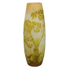 Tall Galle Light Green & Yellow Over Clear Art Glass Cameo Vase, 19th Century