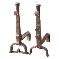 Antique French Gothic Andirons or Firedogs, 17th Century