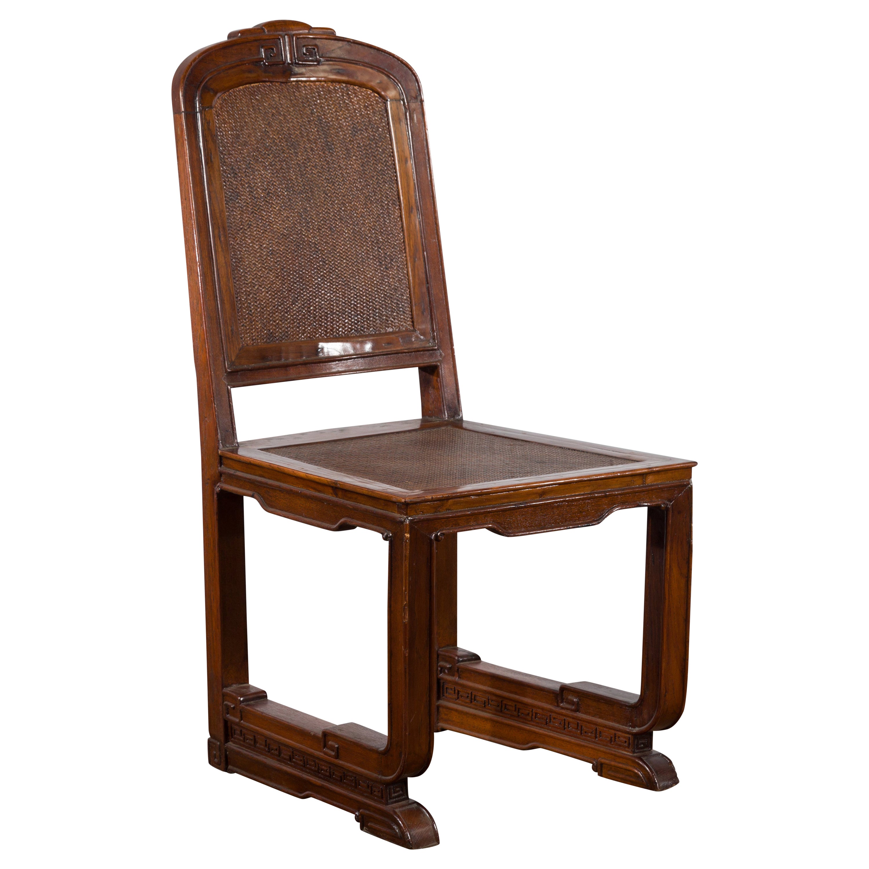 Chinese Qing Dynasty Period 19th Century Wooden Side Chair with Rattan Accents