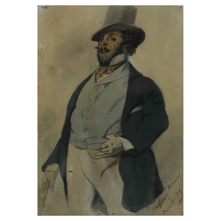 Watercolor Painting Man Ancho Meerschaum by Henri Bonaventure Monnier For Sale