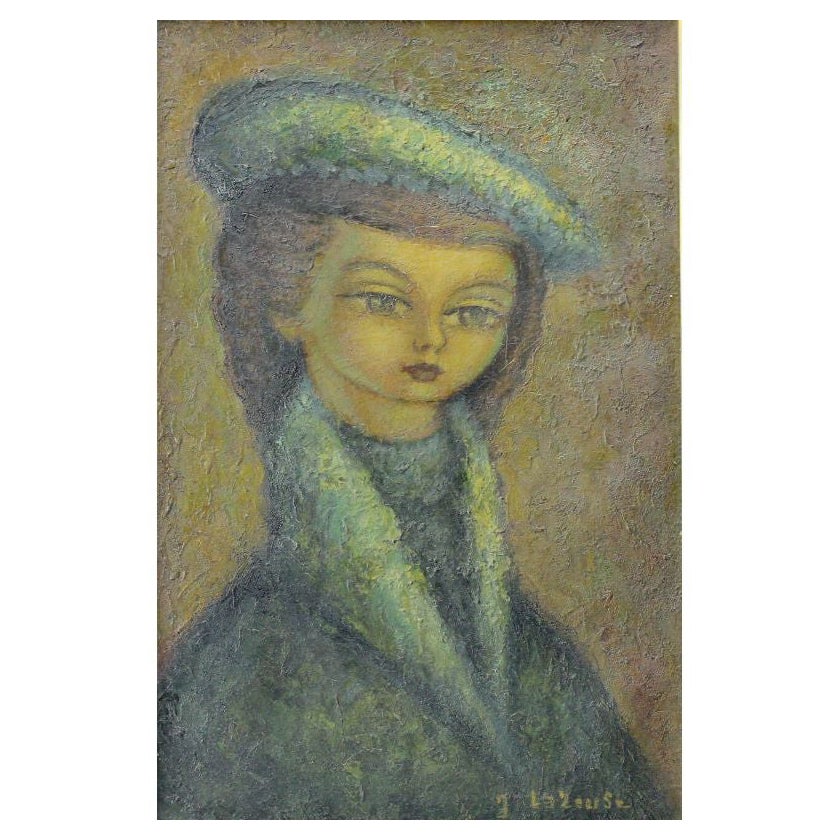 Jean Lareuse Oil Painting Portrait French Woman with Beret For Sale