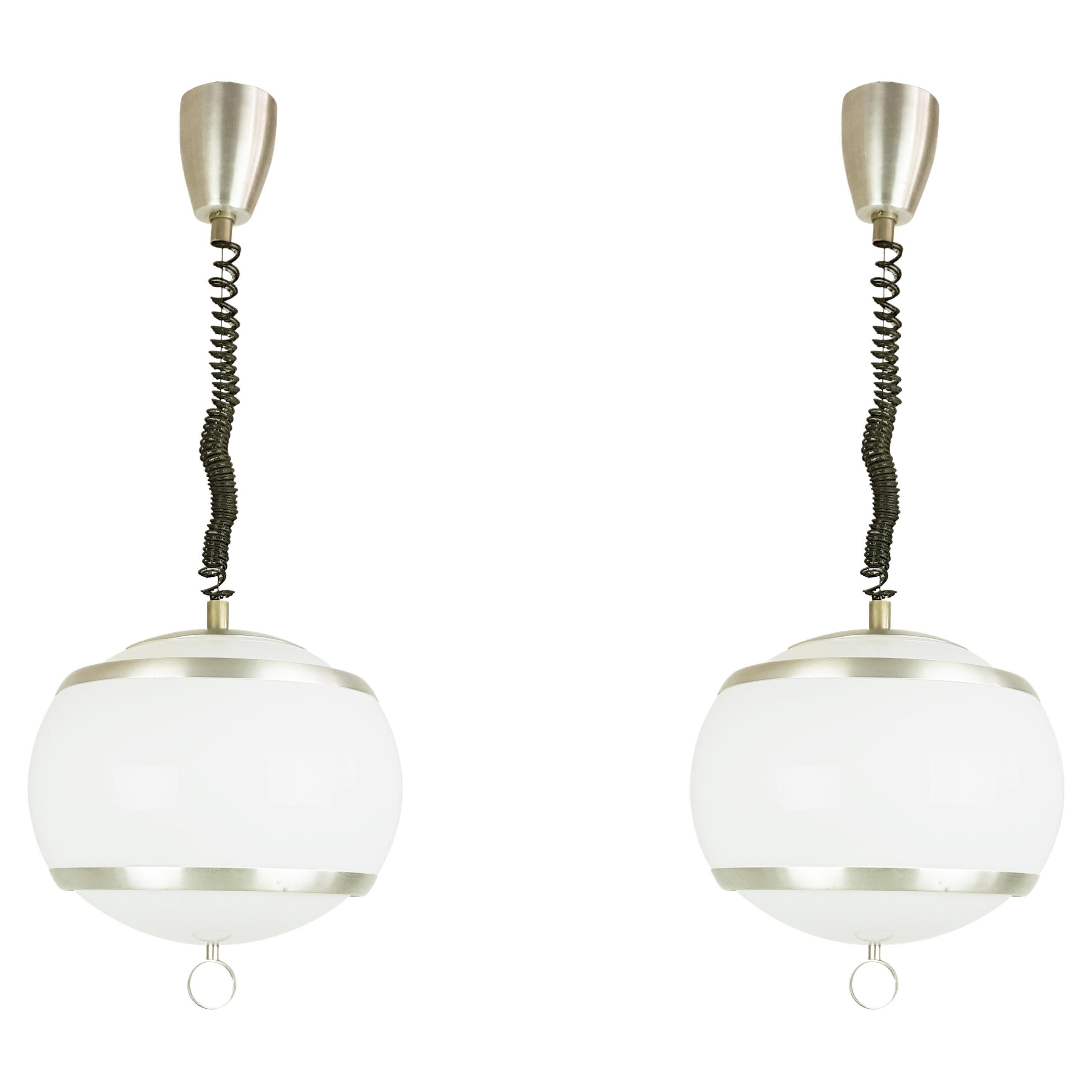 Pairs of Up and Down Pendant Lamps in White Perspex and Satin Aluminum by Stilux For Sale