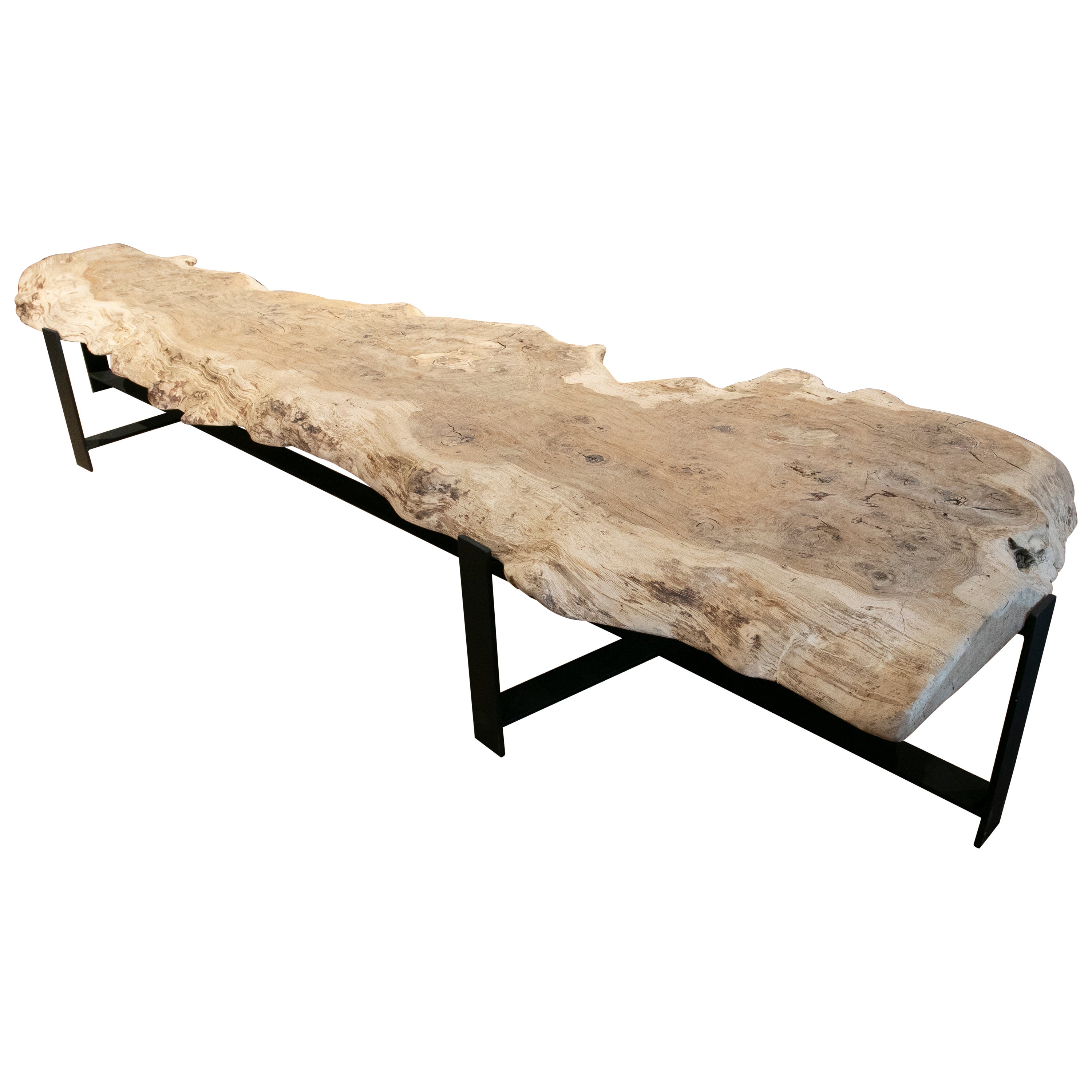 French Elongated Coffee Table with Antique Oak Top and Iron Base