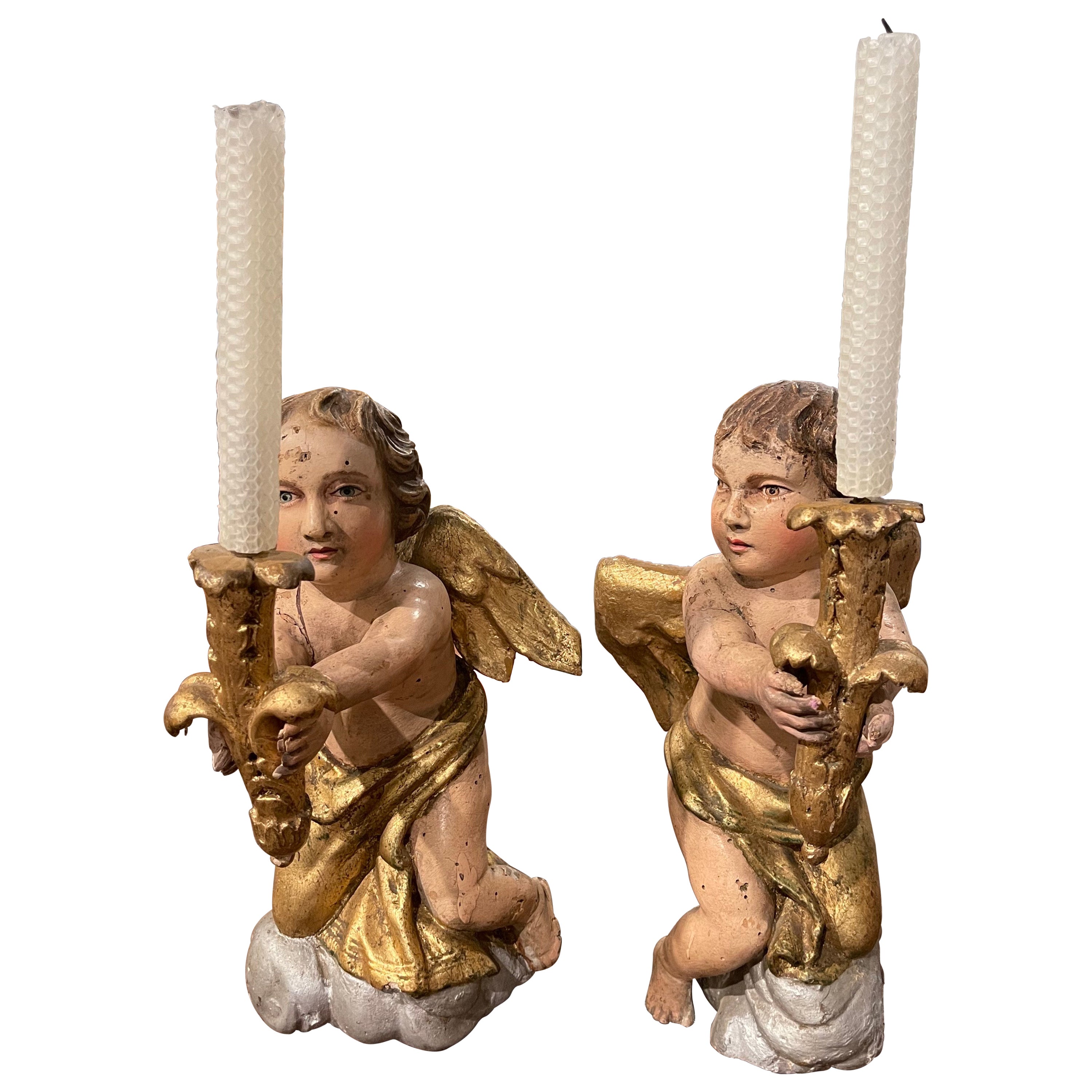 Pair of 18th Century Italian Carved Giltwood Polychrome Cherub Candle Holders