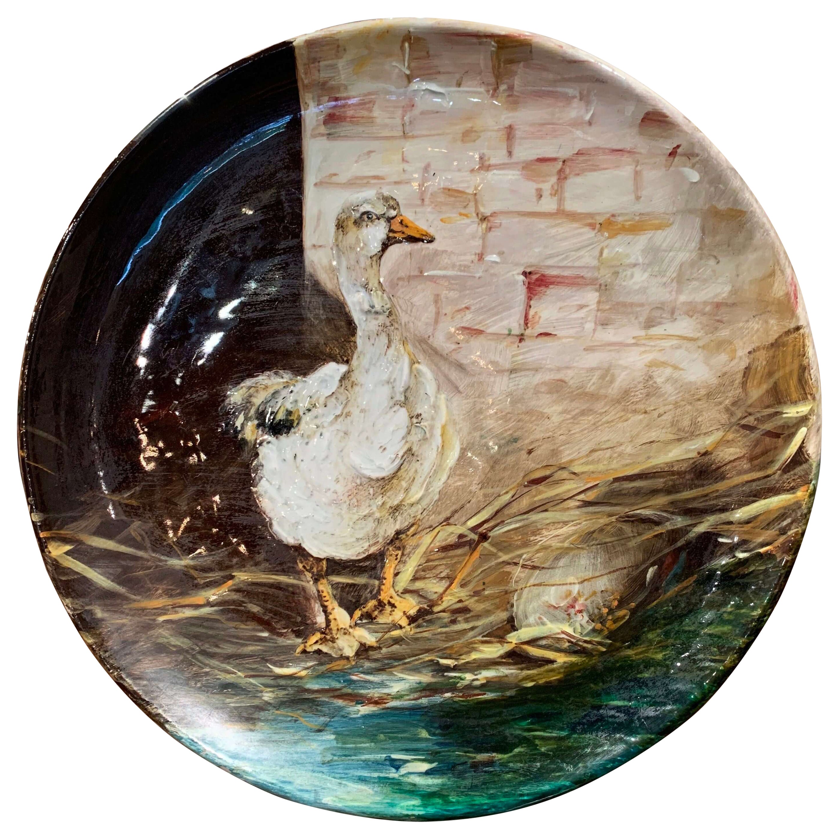 19th Century French Hand Painted Ceramic Duck Wall Platter Stamped J. Massier For Sale