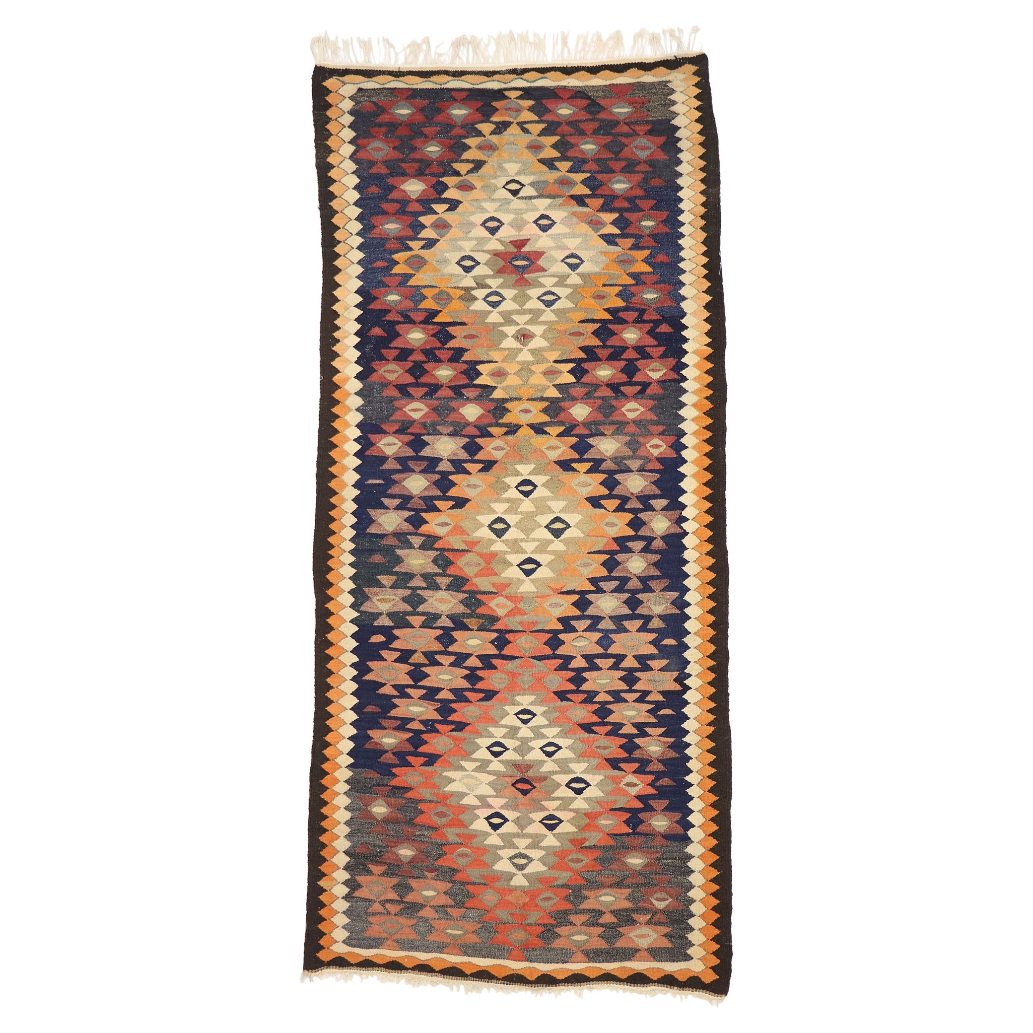 Vintage Persian Bijar Kilim Rug, Tribal Enchantment Meets Southwest Desert Chic For Sale