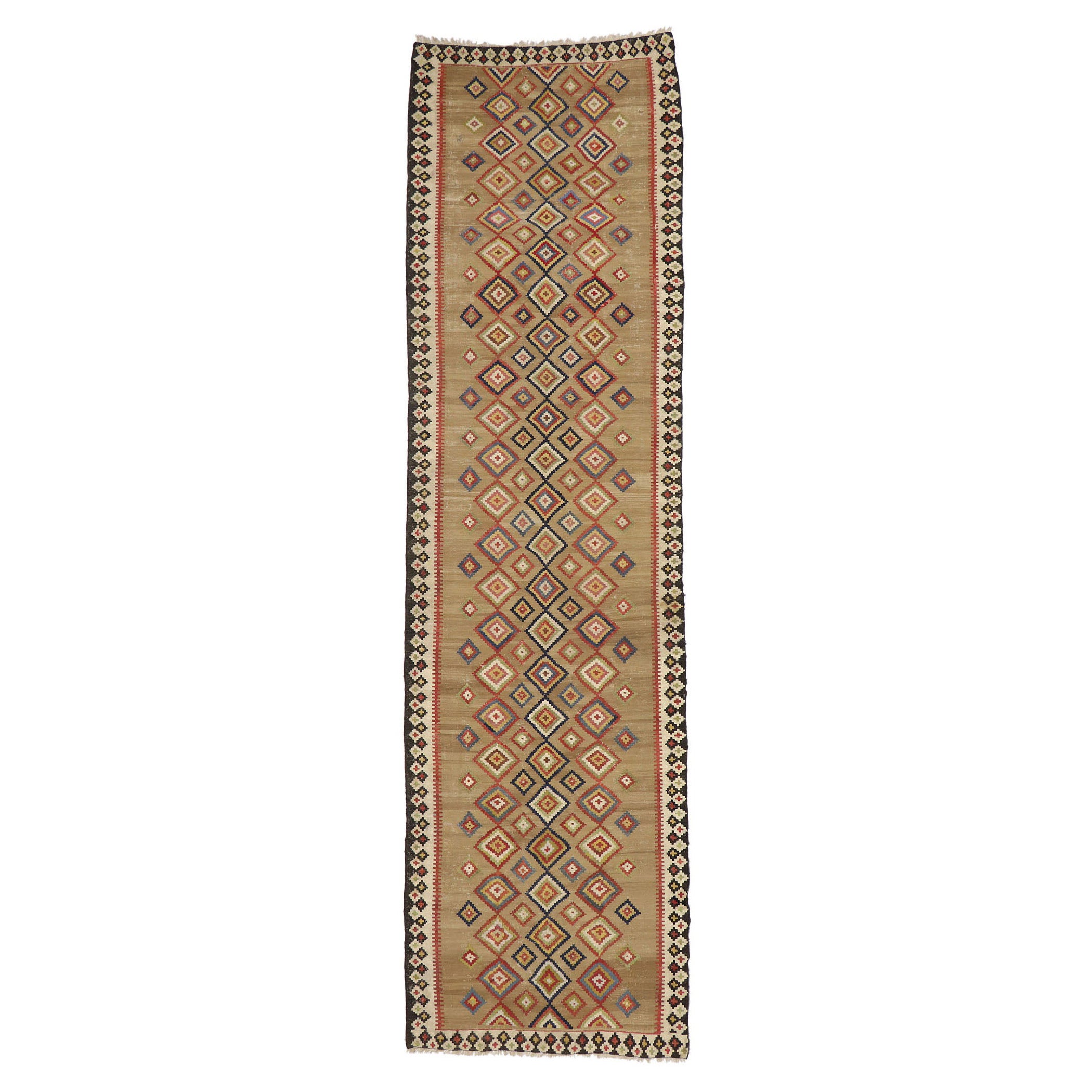 Handwoven Vintage Turkish Kilim Runner with Tribal Style For Sale