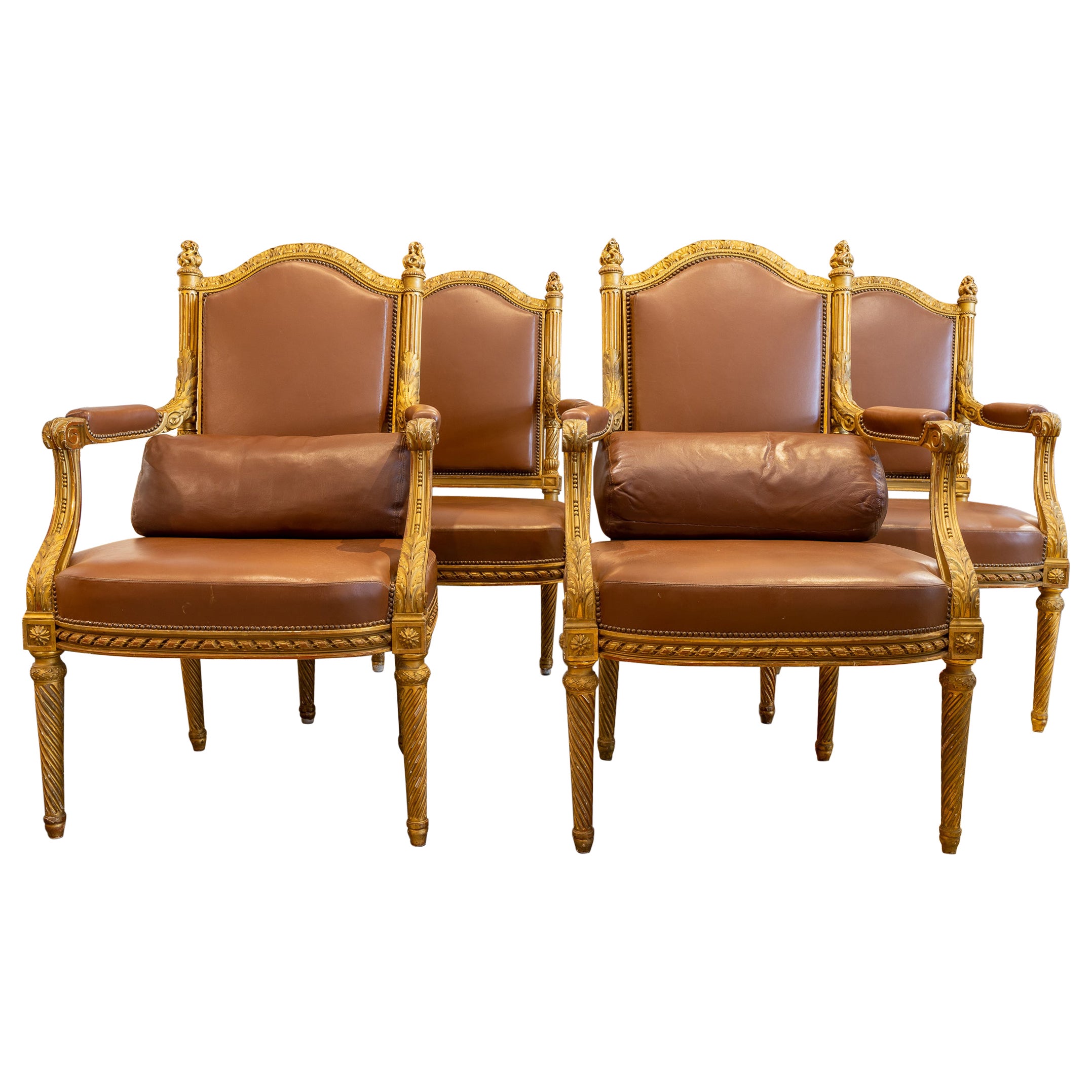 Fine Set of 19th Century Carved Gilt Louis XVI Armchairs  For Sale