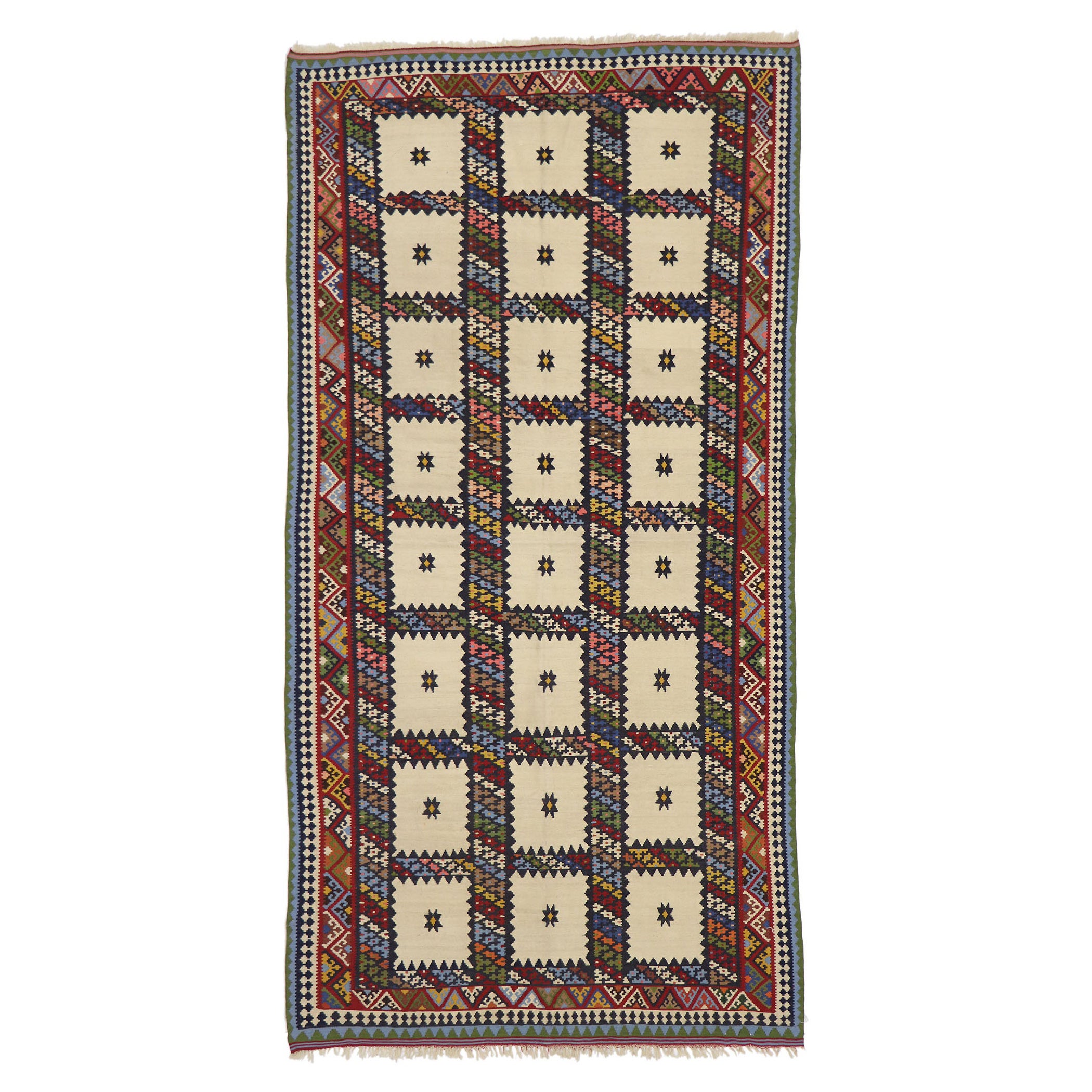 Vintage Persian Bijar Kilim Rug, Tribal Enchantment Meets Nomadic Charm For Sale