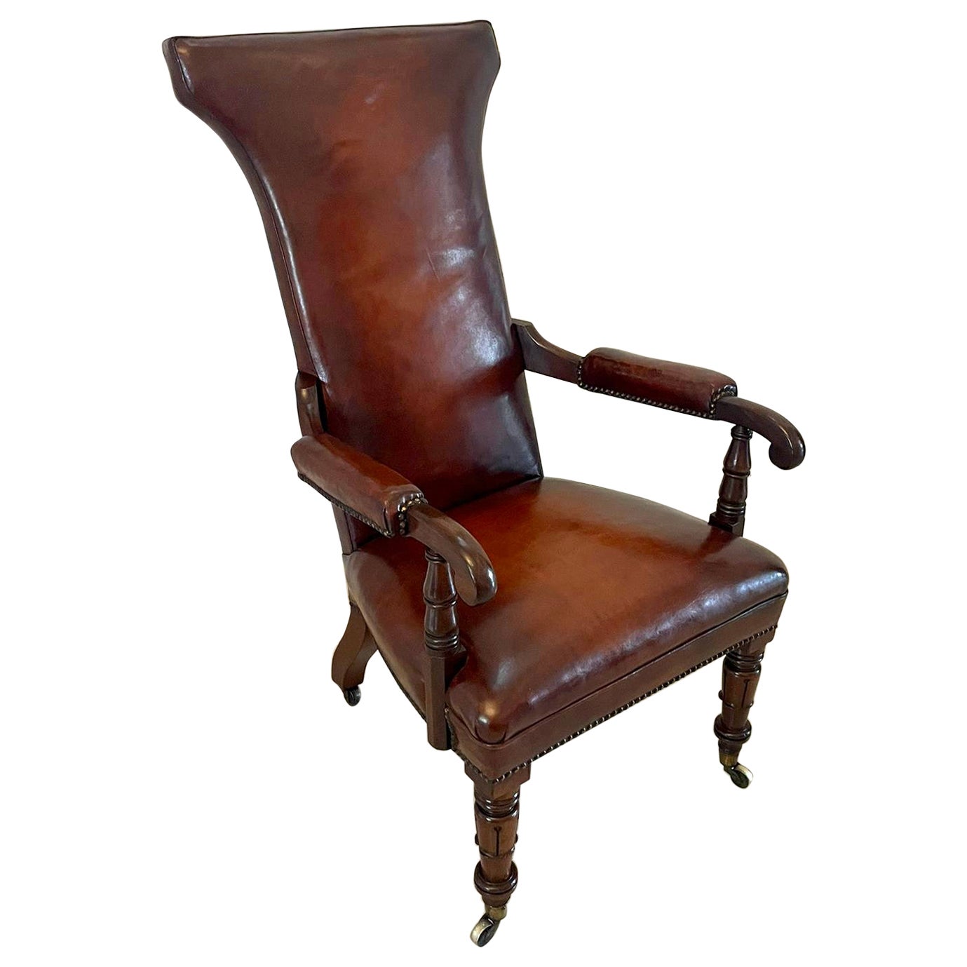 Chaise de bibliothèque inhabituelle de qualité ancienne William IV en cuir et acajou en vente