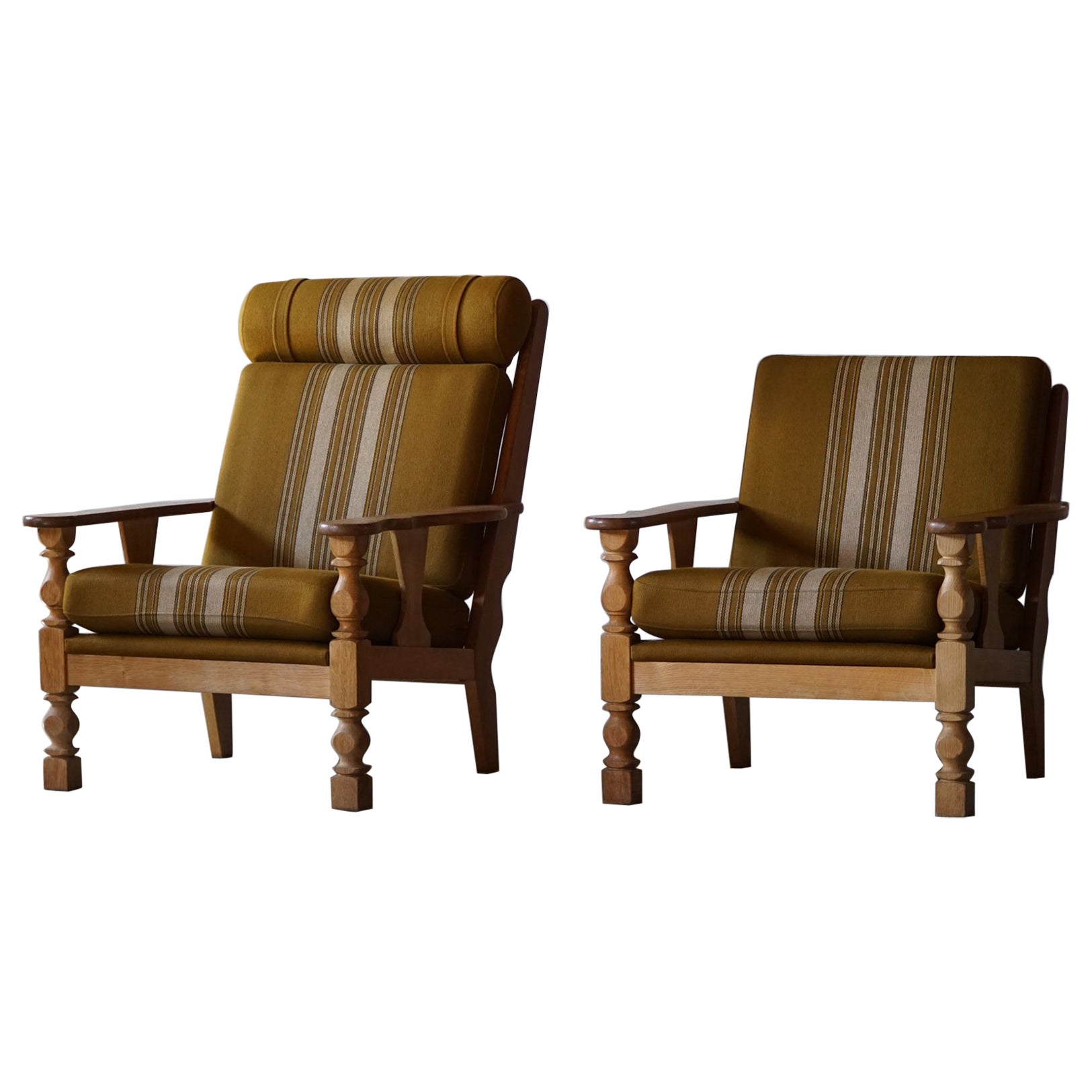 High & Low Back Pair of Easy Chairs in Solid Oak, Henning Kjærnulf Style, 1960s