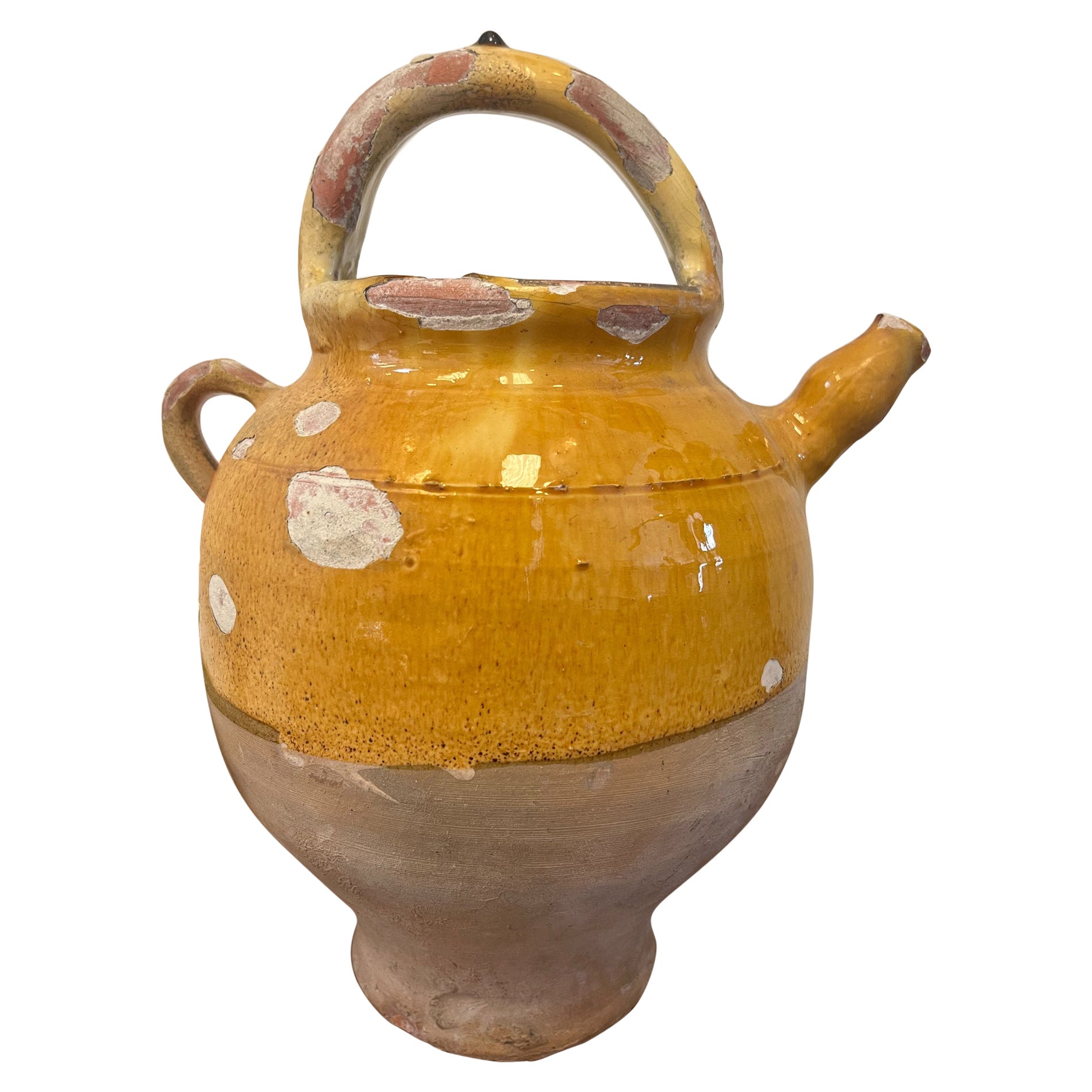 Late 19th Century French Provincial Yellow Glaze Terra Cotta Wine Jug For Sale