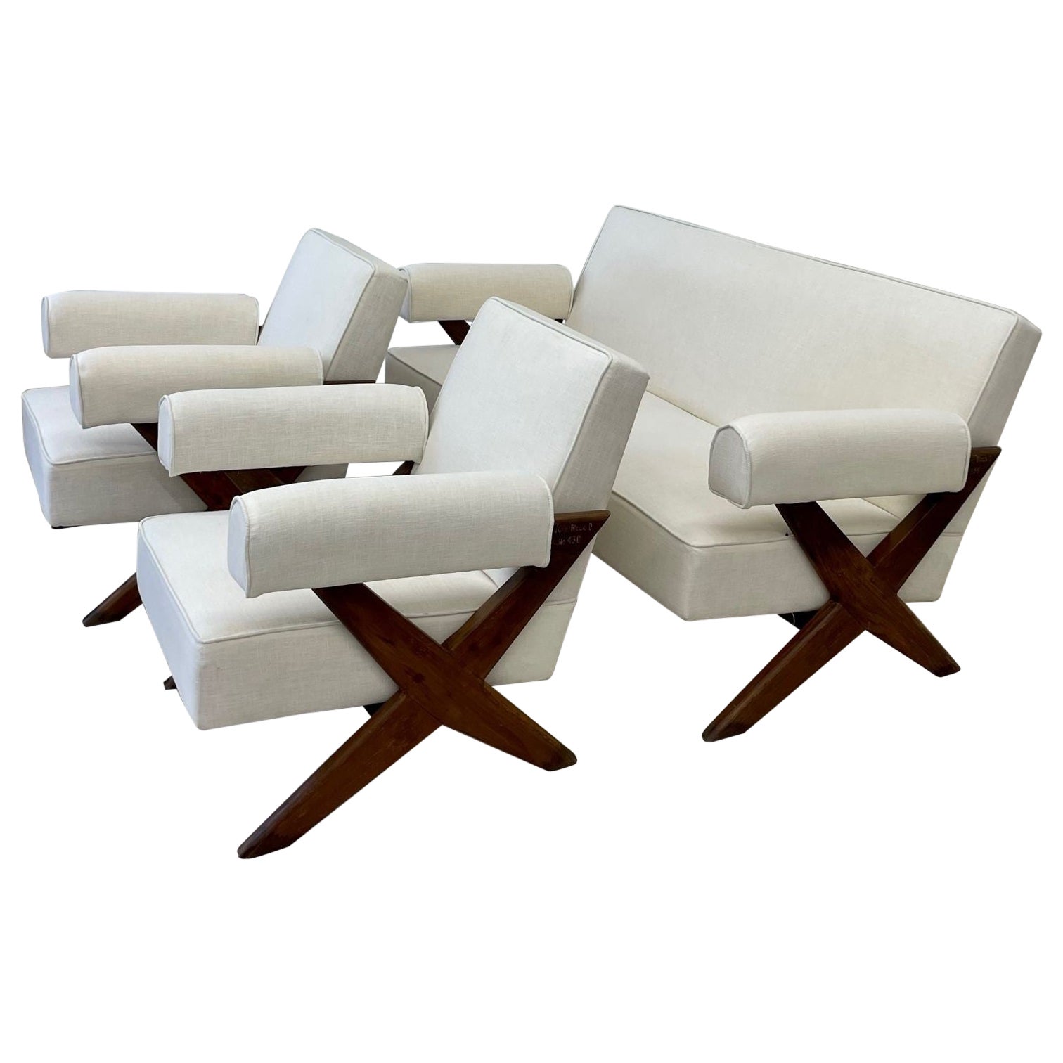 Pierre Jeanneret, Französisches Mid-Century-Modern-Sofa-Set, X-Leg, Chandigarh, 1960er Jahre