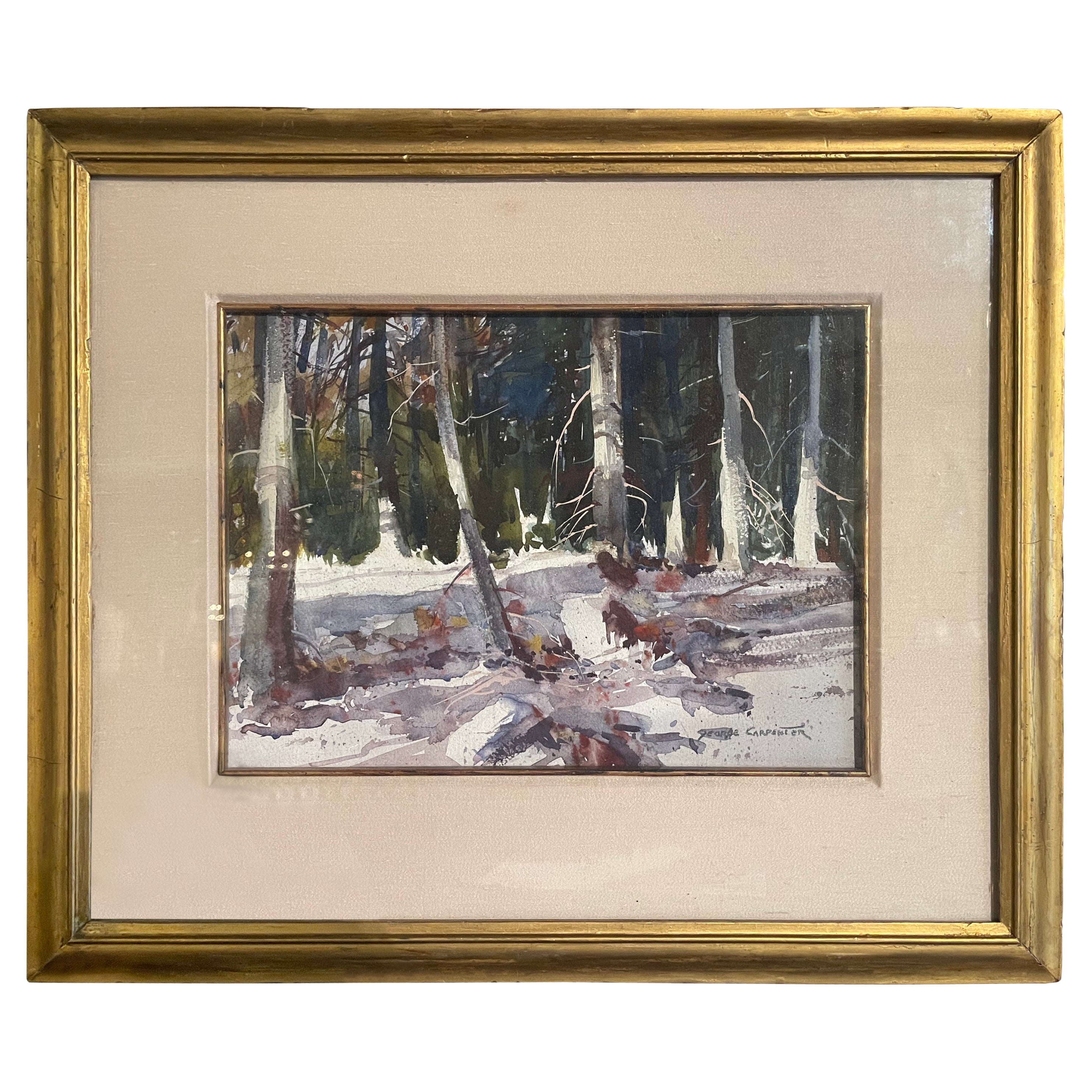 Peinture à l'aquarelle de la forêt d'hiver américaine dans un cadre doré signé G. Carpenter