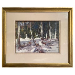 Vintage American Winter Forest Watercolor Painting in Gilt Frame Signed G. Carpenter