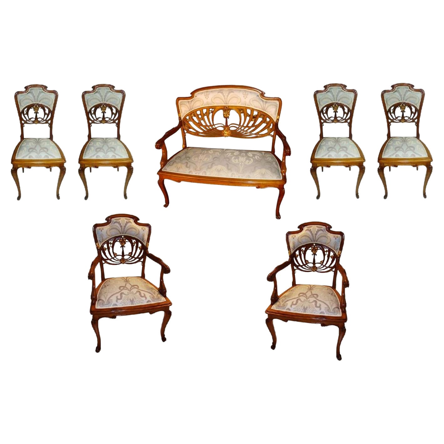Ungewöhnliches Jugendstil-Set, 1 Sofa, 2 Sessel, 4 Stühle, Landhausstil, Frankreich, 1900