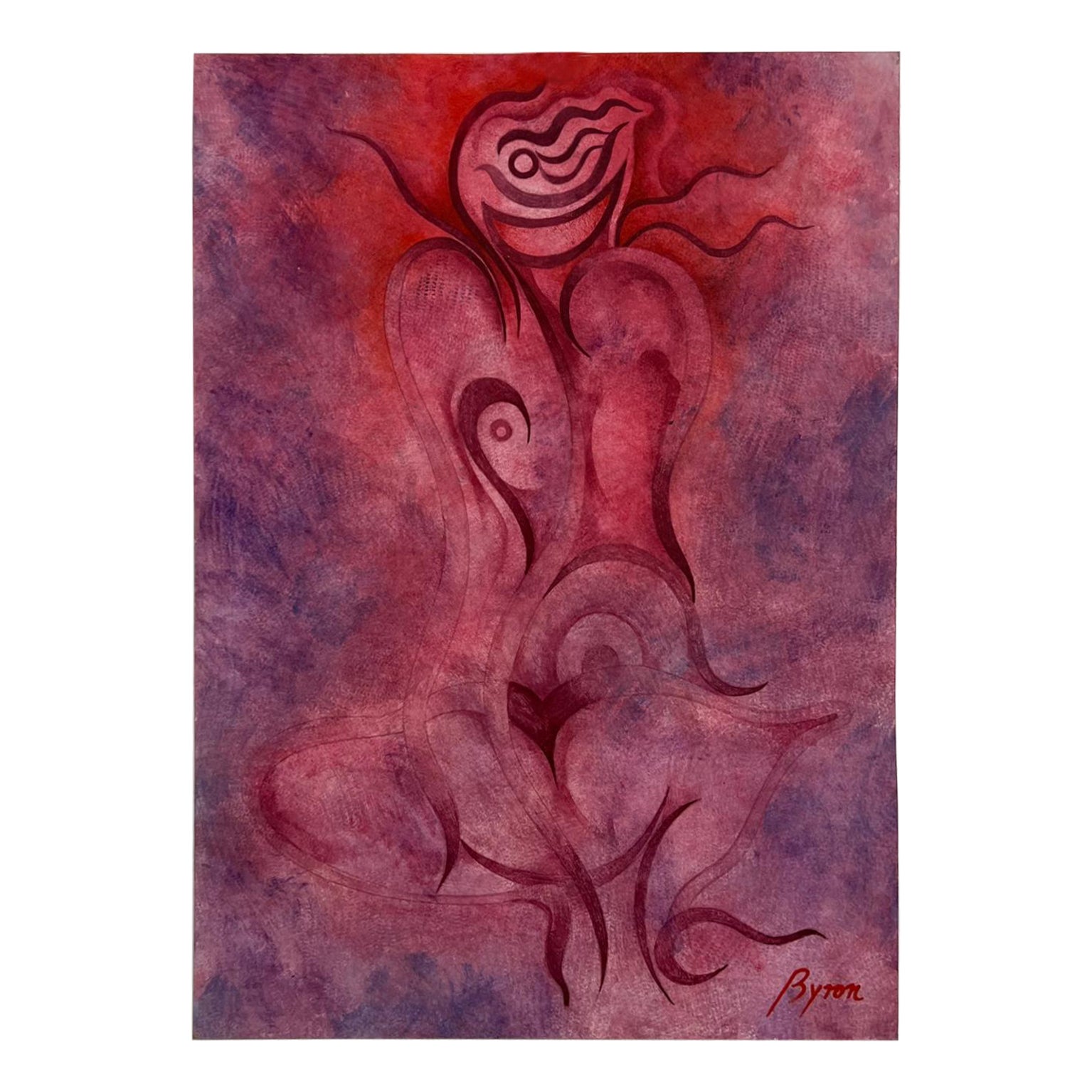 Œuvre d'art moderne abstraite rose pastel sur papier Byron Gálvez, Mexique, années 1980