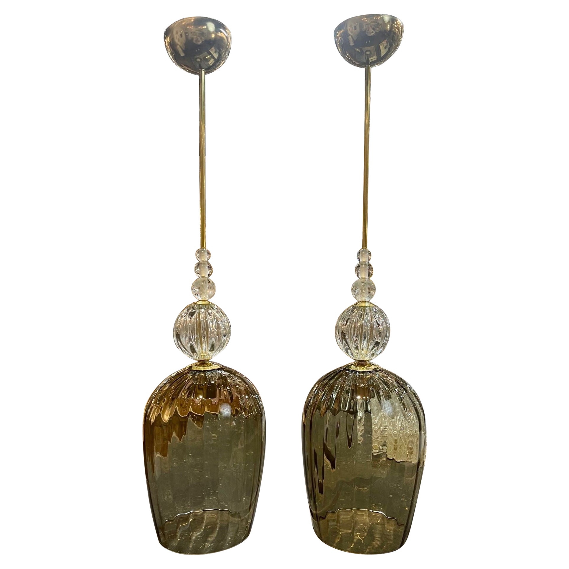 Modern Murano "Fume"Glass and Brass Pendant Lights
