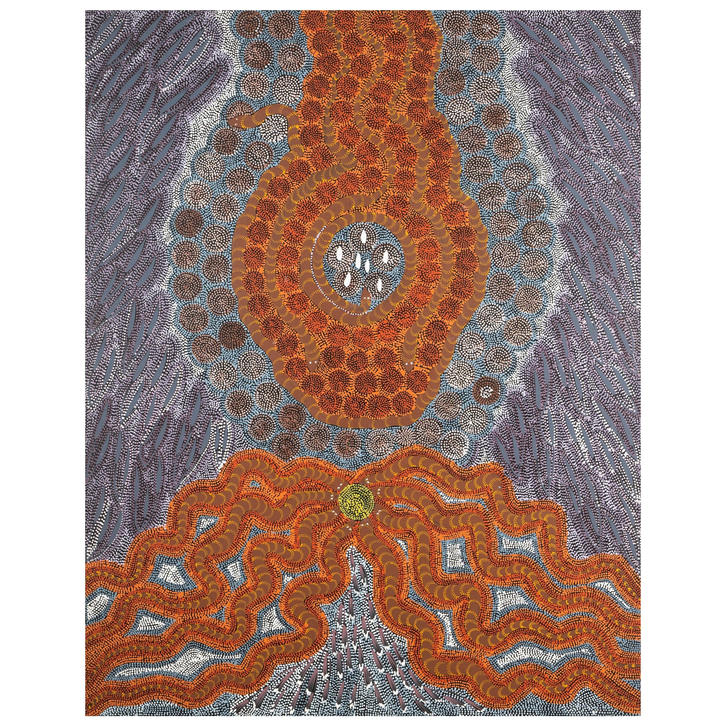 Arte aborigena australiana Janet Forrester Pittura Ngala Serpente e sogno della Via Lattea