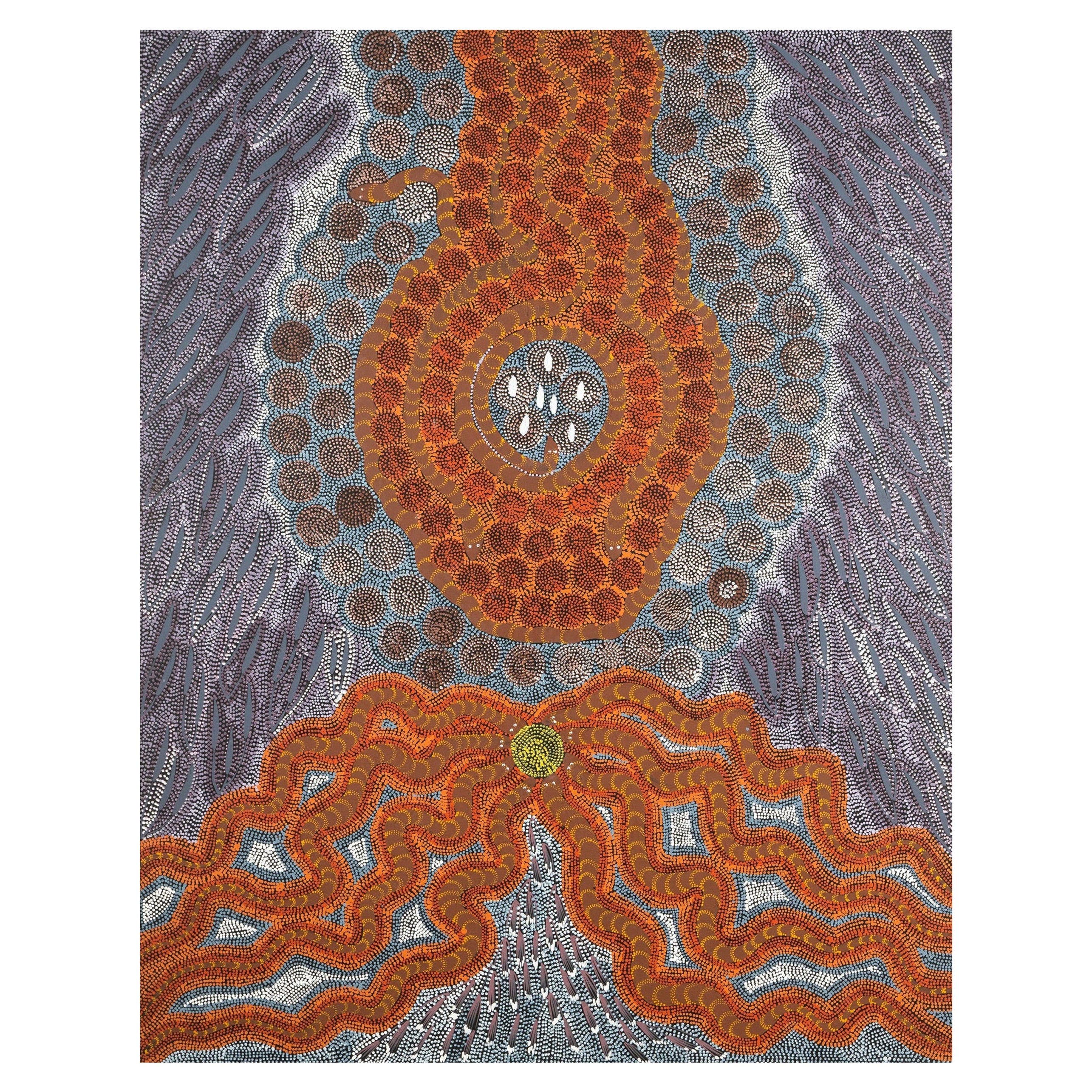 Arte aborigena australiana Janet Forrester Pittura Ngala Serpente e sogno della Via Lattea