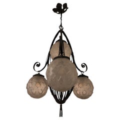 Antique Chandelier Jugendstil, Art Nouveau, in Glass and Iron, Year 1900, Country French
