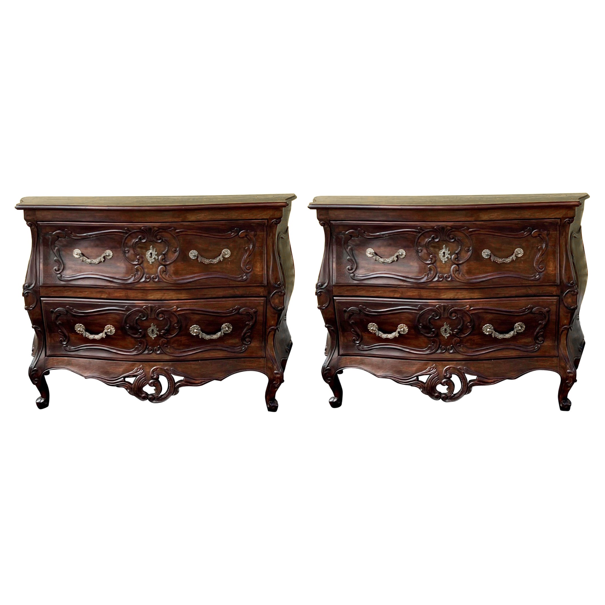 French Louis XV Style Carved Oak Serpentine Commodes / Chest of Drawers, Pair