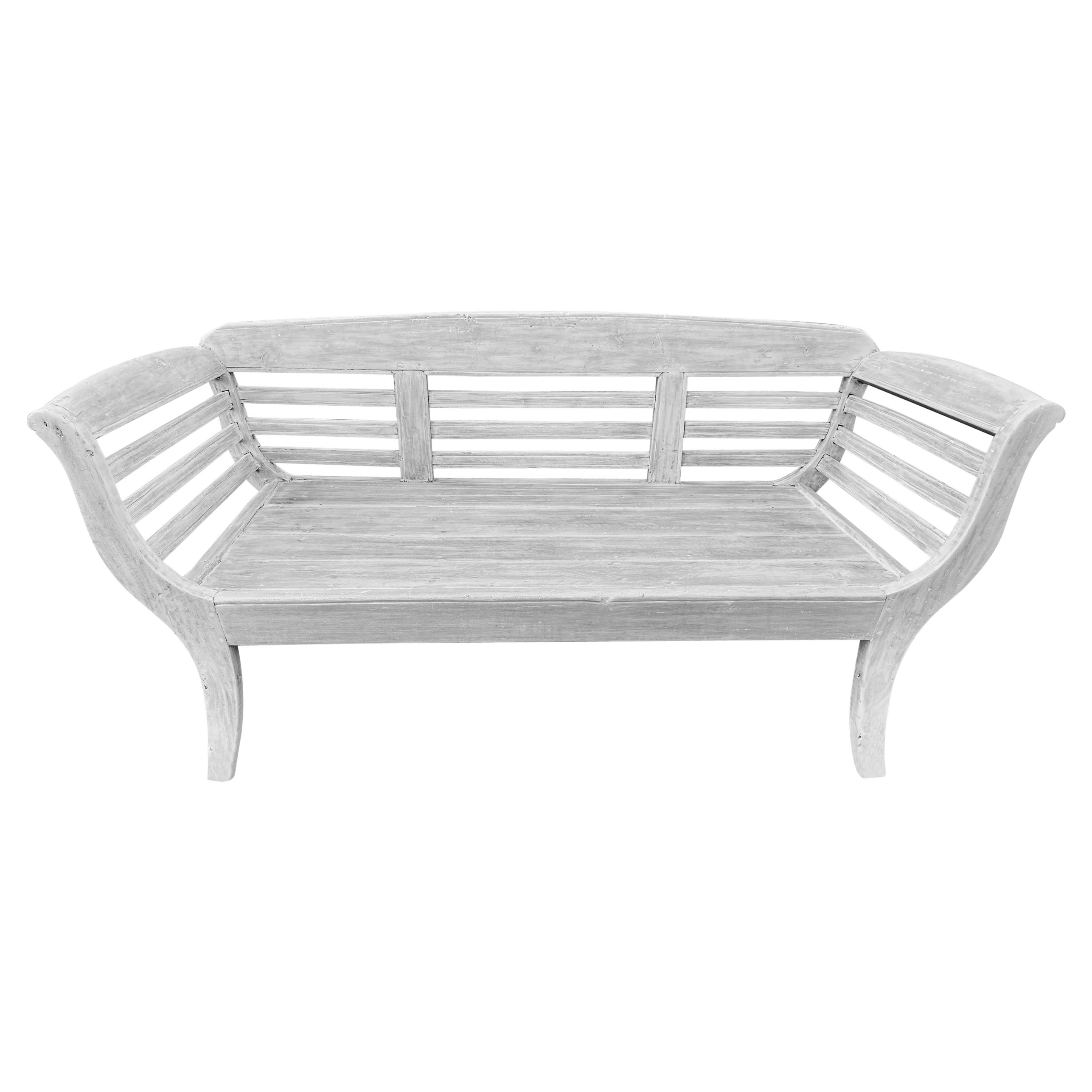Antique White Washed Teak Settee or Bench with Slatted Back For Sale