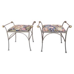 Pair of Charleston Forge Brass and Steel Floral Upholstered Benches