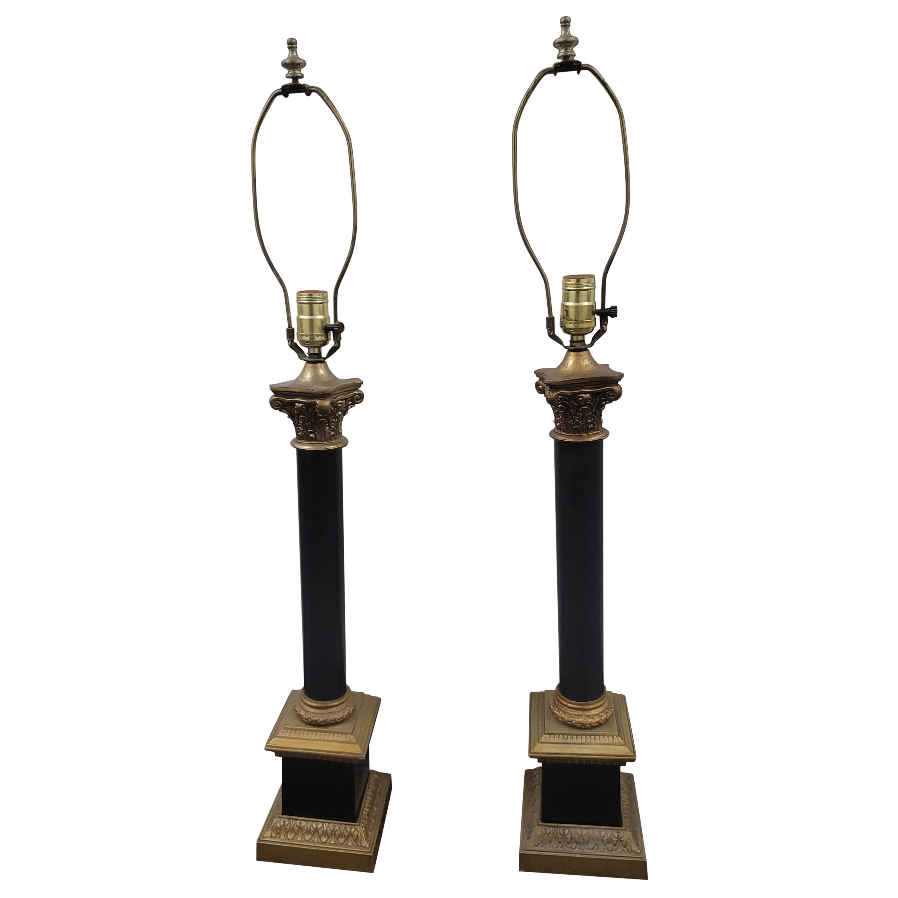 Pair of Empire Style Gilt Metal and Ebonized Column Lamps For Sale