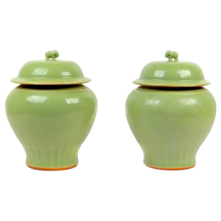 19th Century Celadon Ginger Jars Elephant Finials For Sale at 1stDibs