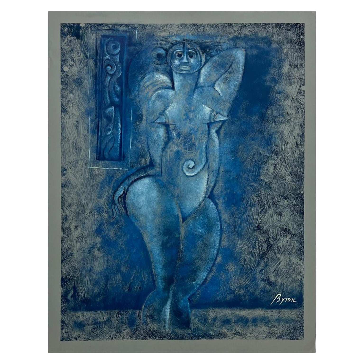 Byron Gálvez Mexican Modernism Artwork Blue Mixed Media on Paper For Sale