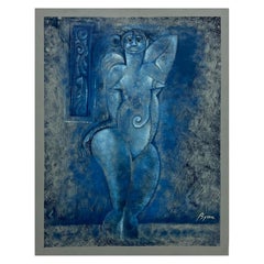 Œuvre d'art du modernisme mexicain Byron Gálvez, technique mixte sur papier bleue
