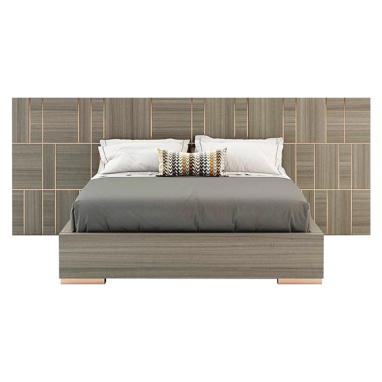 California King Bed with Oversized Headboard in Wood Veneer and Metal