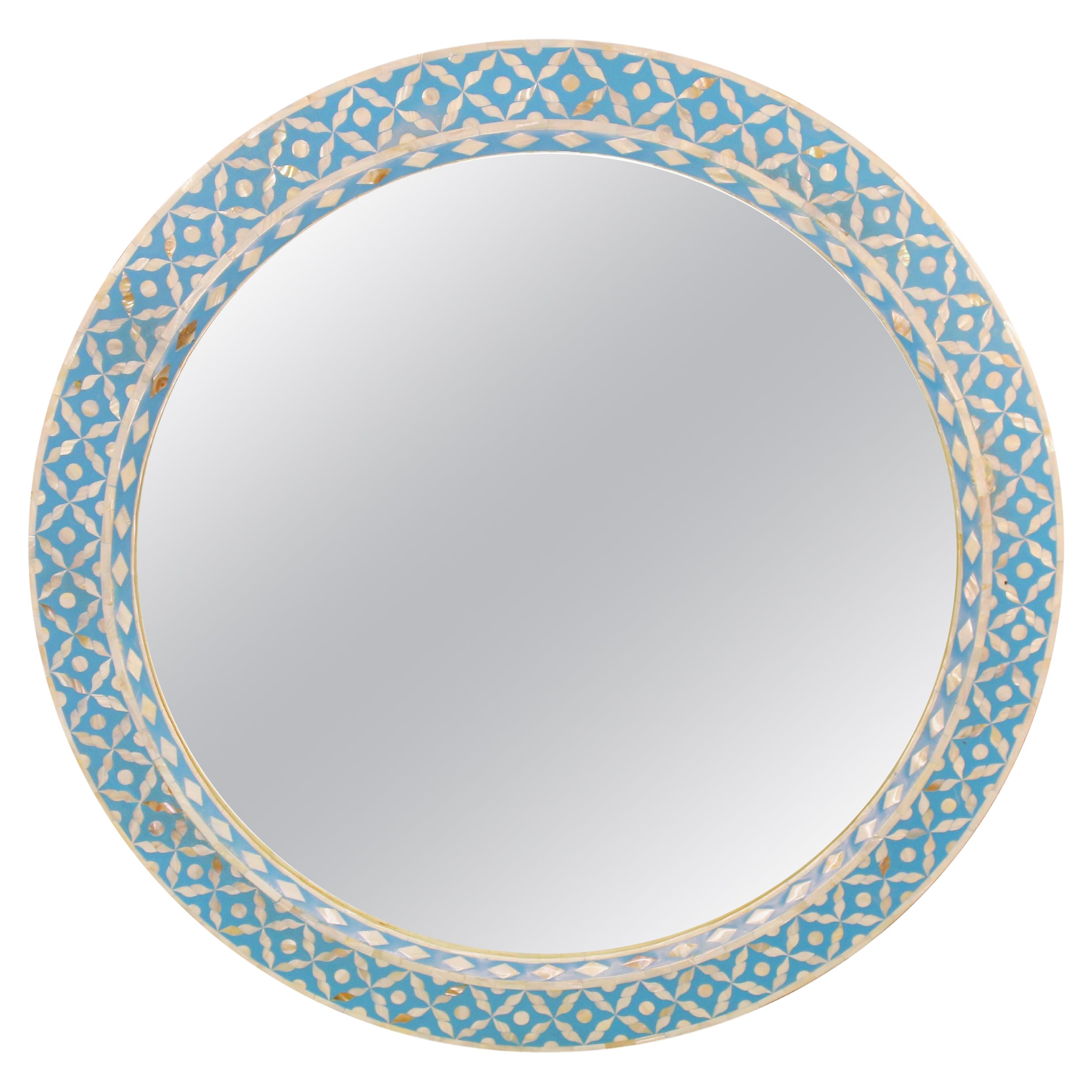 Round Mother of Pearl Mirror in Mellow Azure For Sale