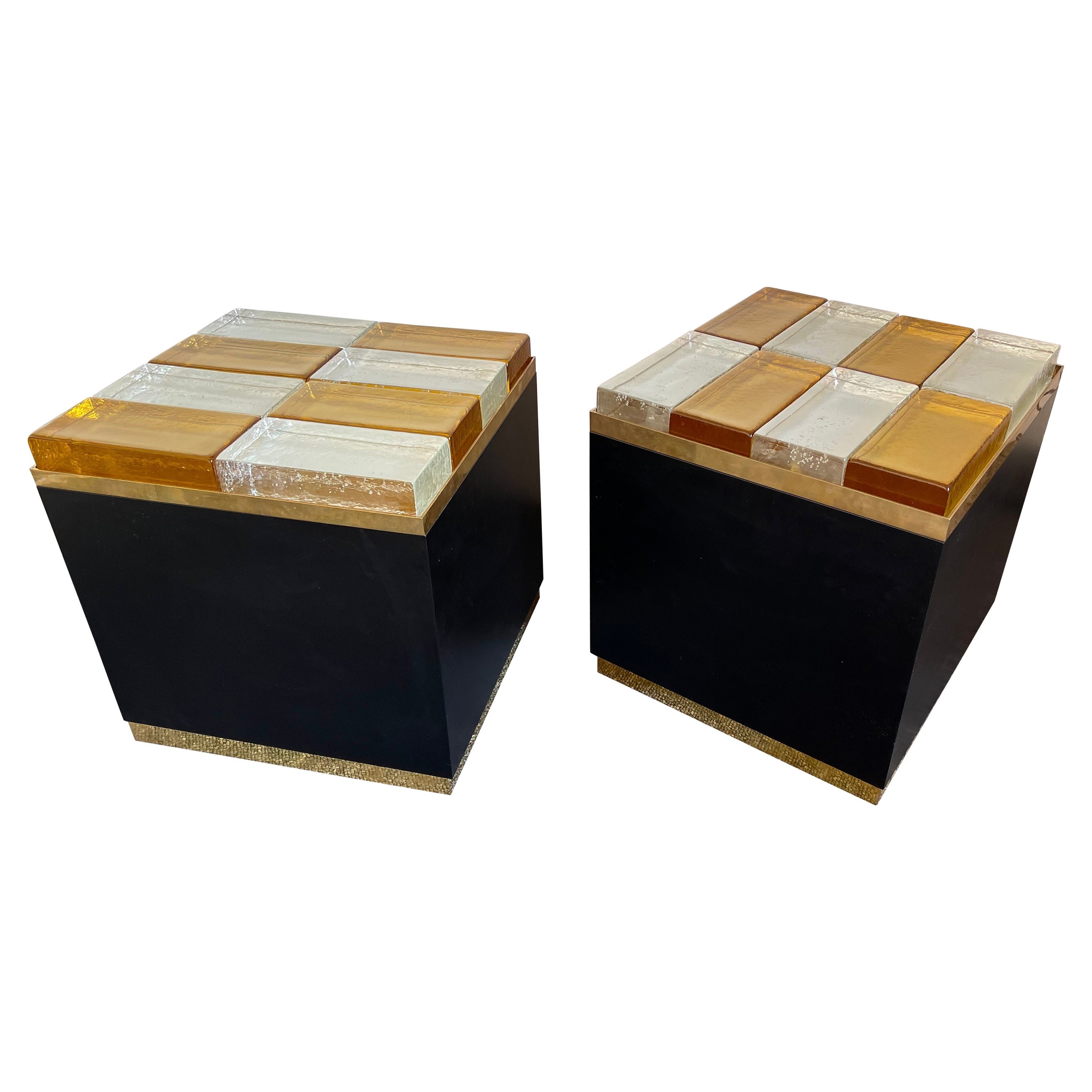 Contemporary Pair of Lightning Murano Glass Brass Side Tables, Italy