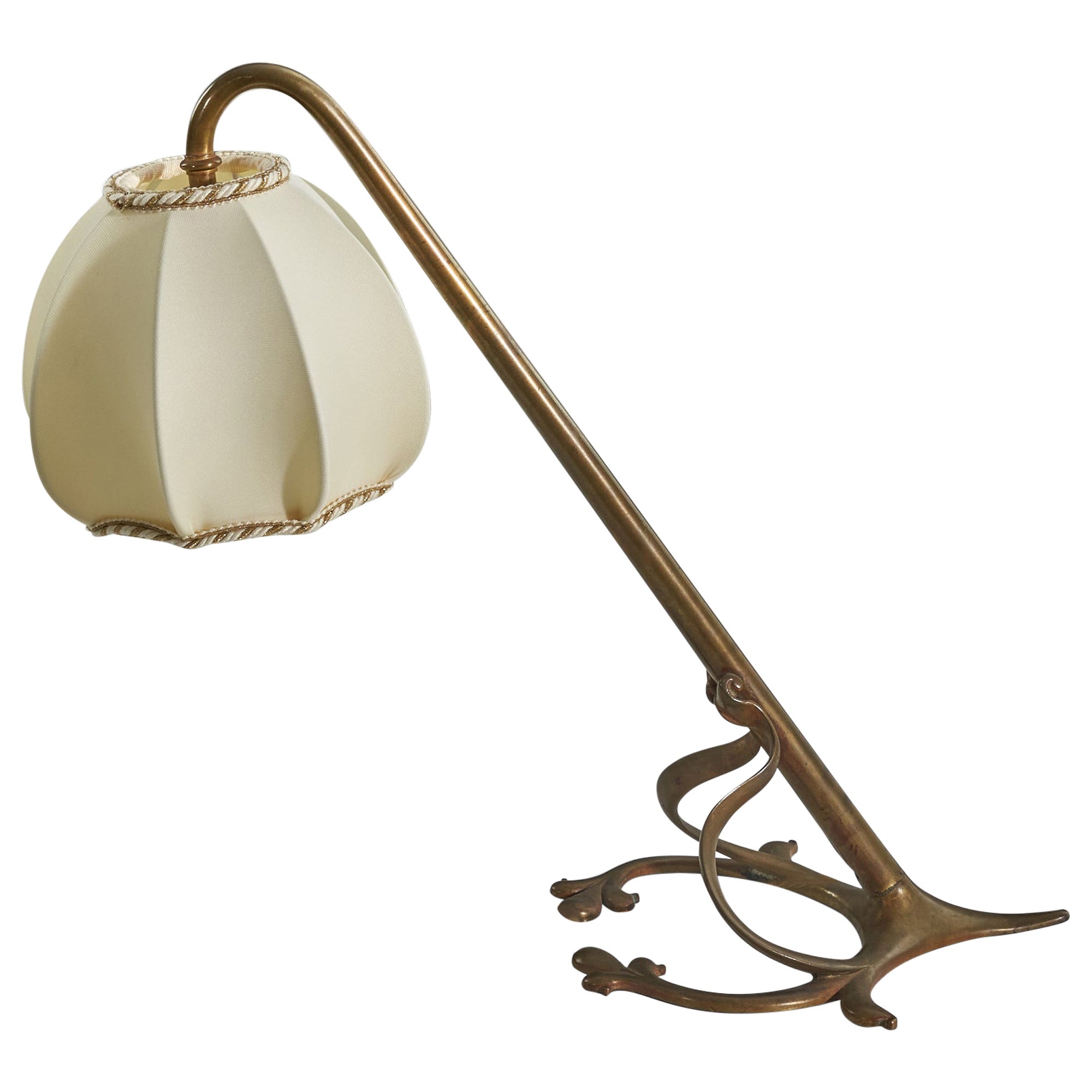Italian Designer, Table Lamp, Brass, Fabric, Italy, 1920s For Sale