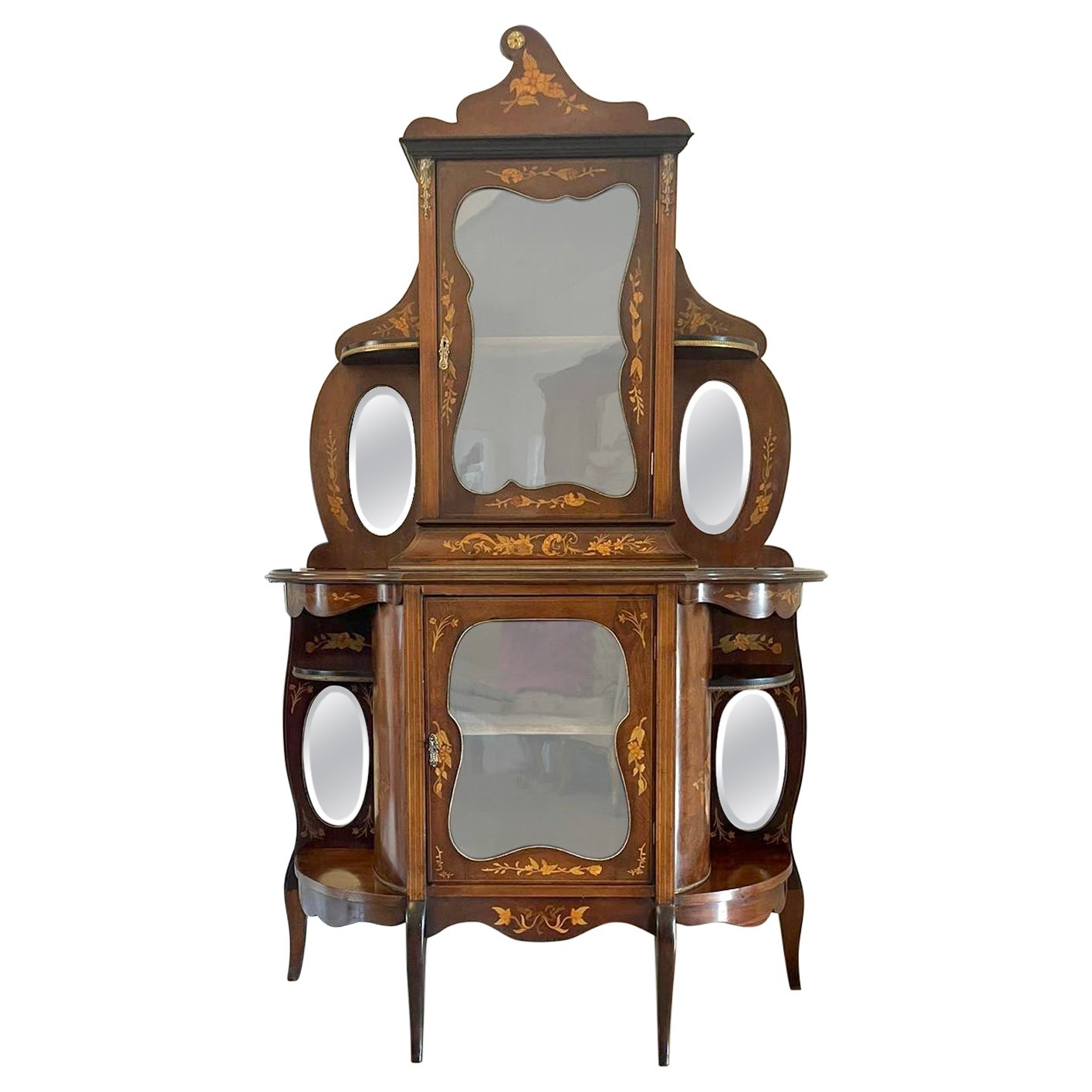 Antique Victorian Quality Marquetry Inlaid Mahogany Display Cabinet For Sale