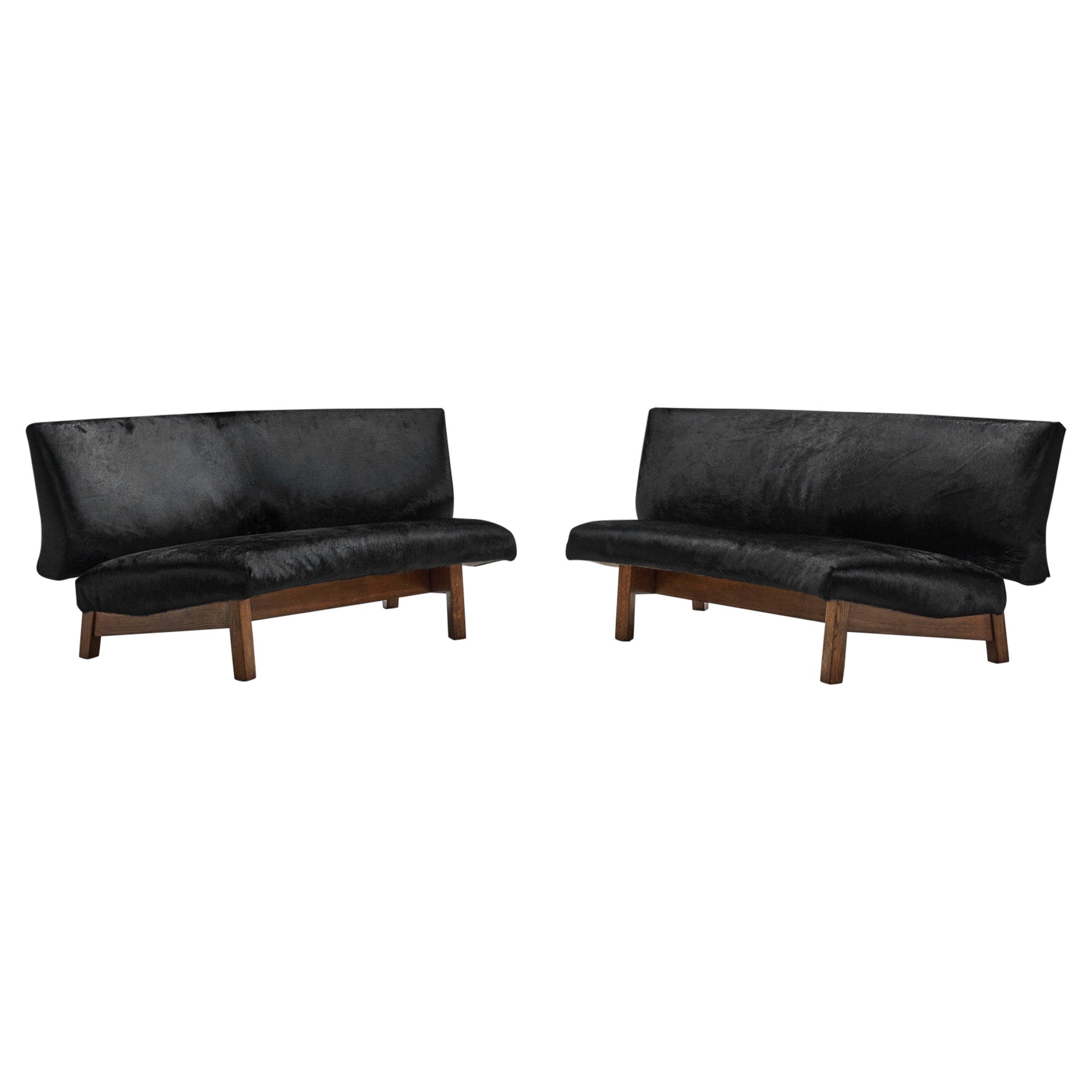 European Mid-Century Two Part Sofa in Black Cow Hide, Europe Ca 1950s For Sale
