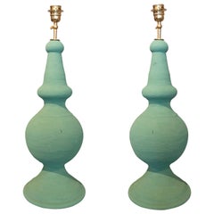 Vintage Pair of Ceramic Lamps Painted in Green Colors