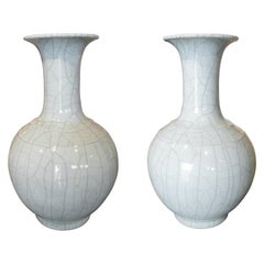 Pair of Green Glazed Porcelain Lamps with Crackled Finish