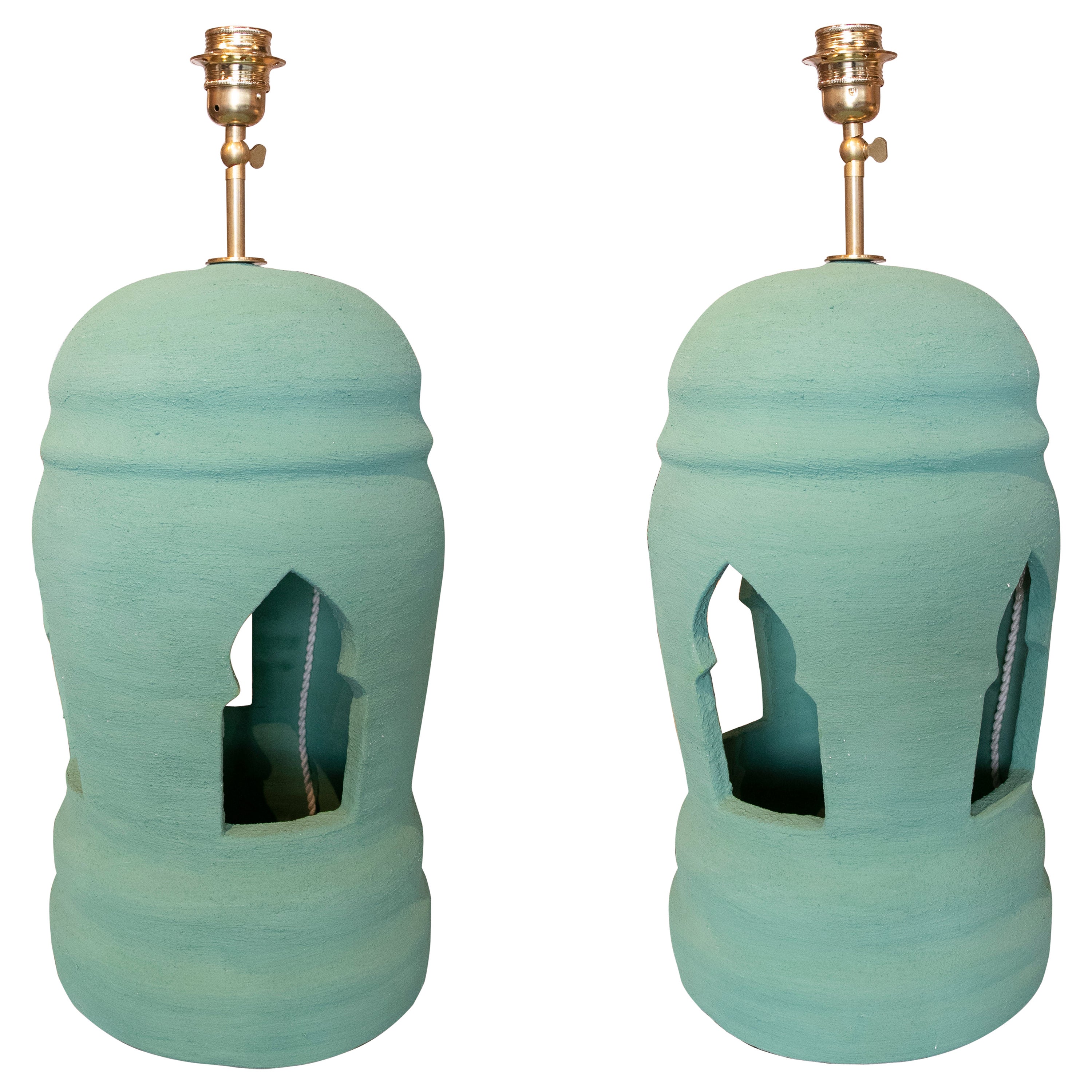 Pair of Ceramic Lamps Painted in Green Colors