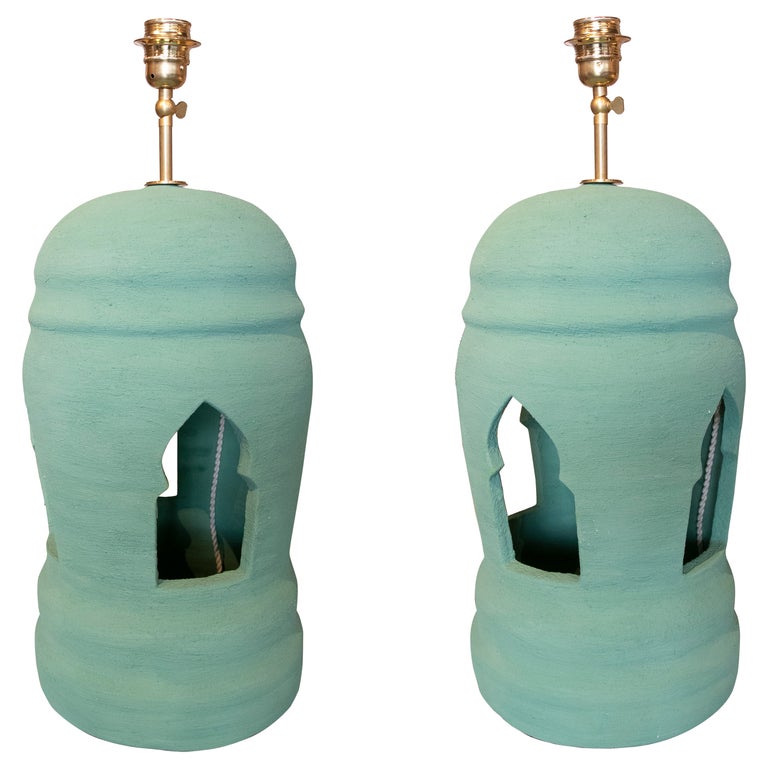 Pair of Ceramic Lamps Painted in Green Colors For Sale