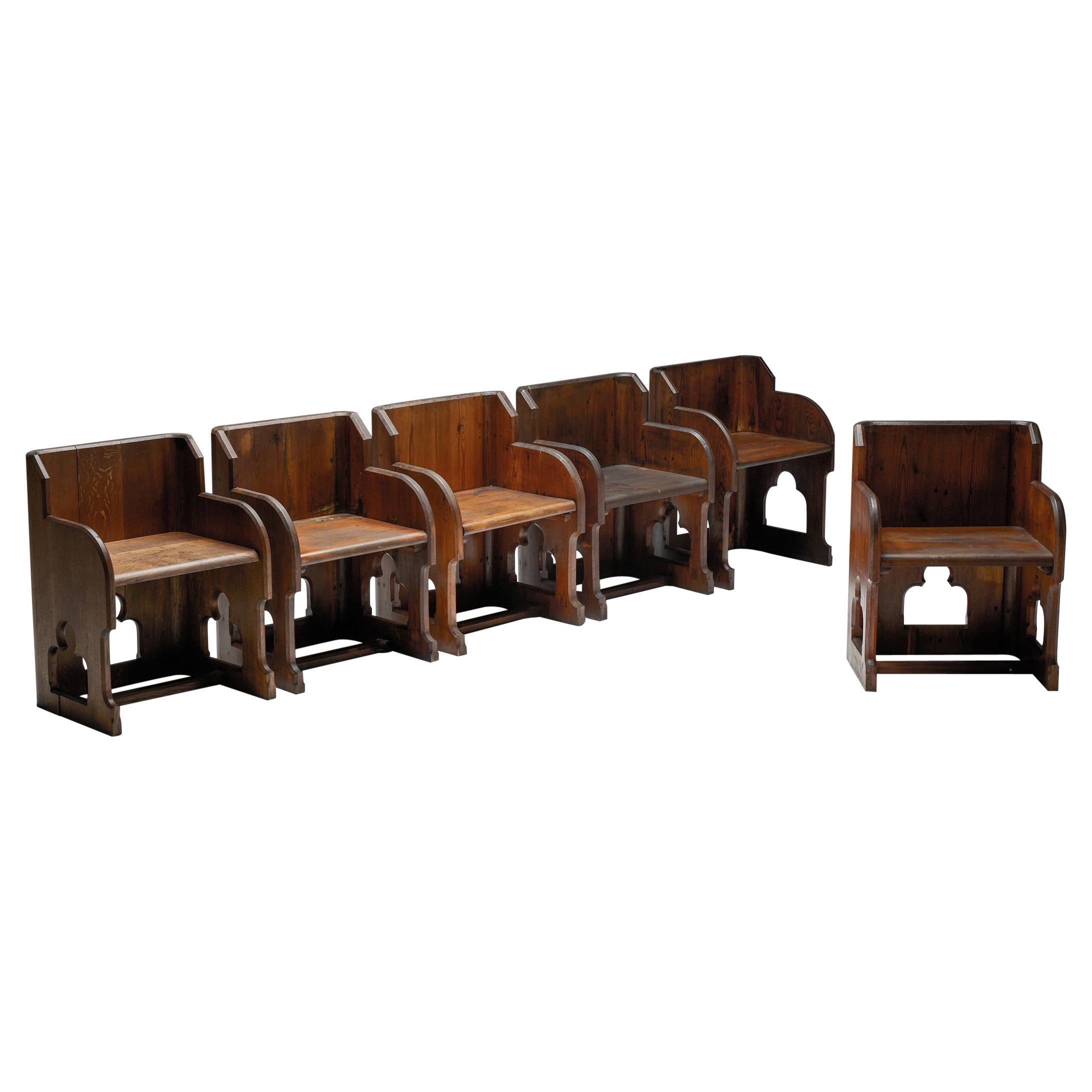 Gothic Revival Wooden Armchairs, Pine & Oak, 20th Century