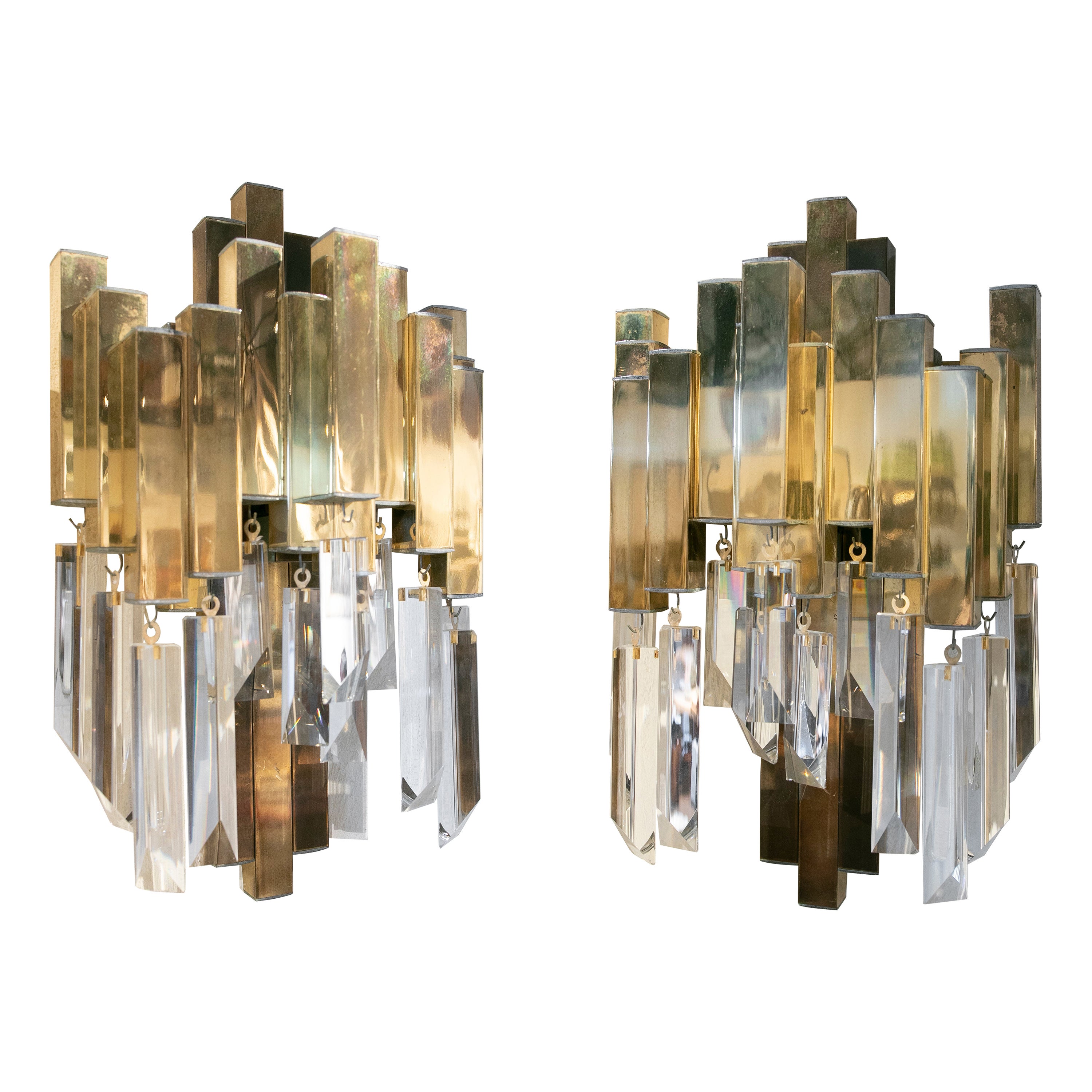 1970s Pair of Bronze and Crystal Wall Sconces by Willy Rizzo