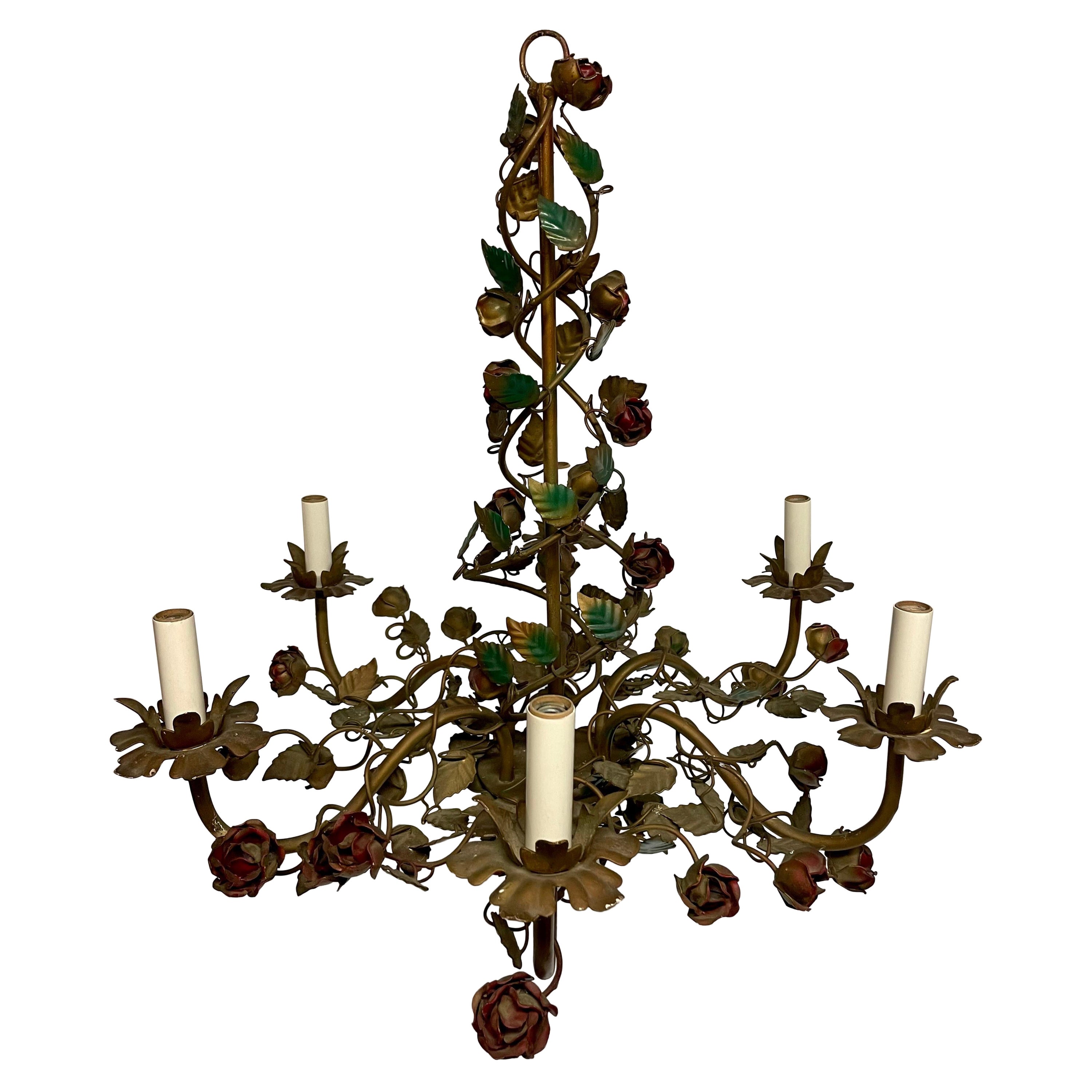 Vintage Italian Tole Floral Chandelier With Red Roses & Leaves