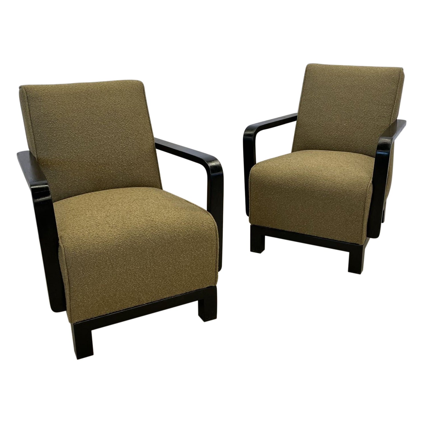 Pair of Vintage Art Deco Lounge / Arm Chairs, Ebony Wood, Boucle, Sweden, 1940s For Sale
